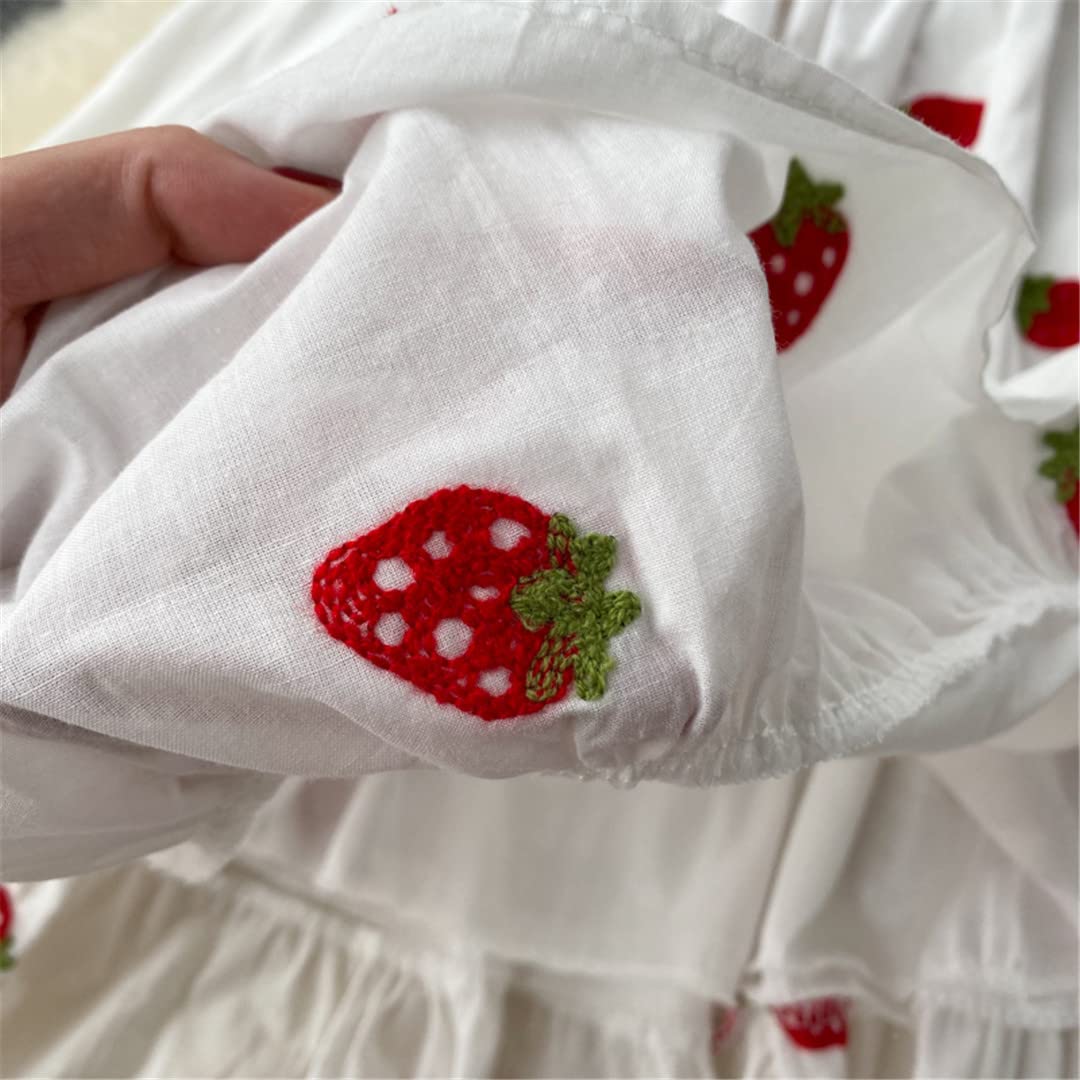 Vintage Strawberry Print Women's Dress - Kawaii Cherry Embroidered Puff Sleeve Square Neck Summer Dress in White | Perfect for Beach Vacations, Date Nights & Kawaii Fashion Outfits