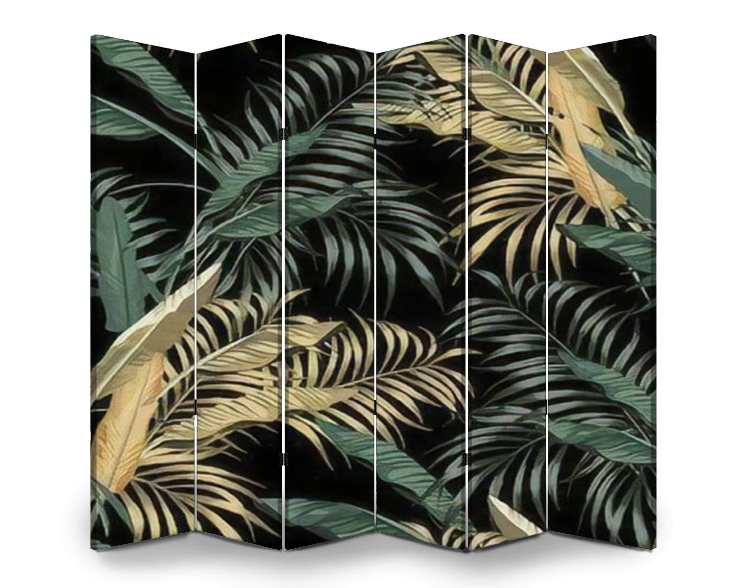 Tropical Banana Leaf Wood Screen Room Divider - 6 Panel Black Folding Privacy Partition with Golden Green Seamless Pattern, Dual-Sided Canvas Wall Divider for Home Office, Bedroom Separation & Indoor Display Shelves