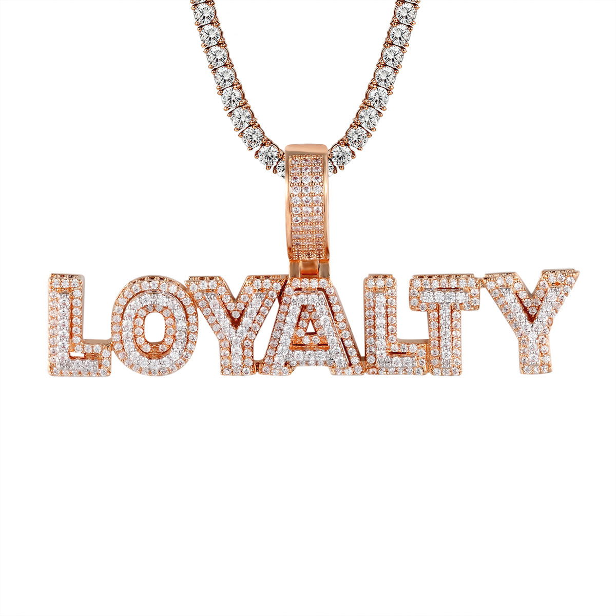 Men's Rose Gold Tone Loyalty Bling Rapper Sterling Silver Charm Pendant - Hip Hop Jewelry for Rappers, Gift for Boyfriend, Trendy Necklace for Parties & Concerts