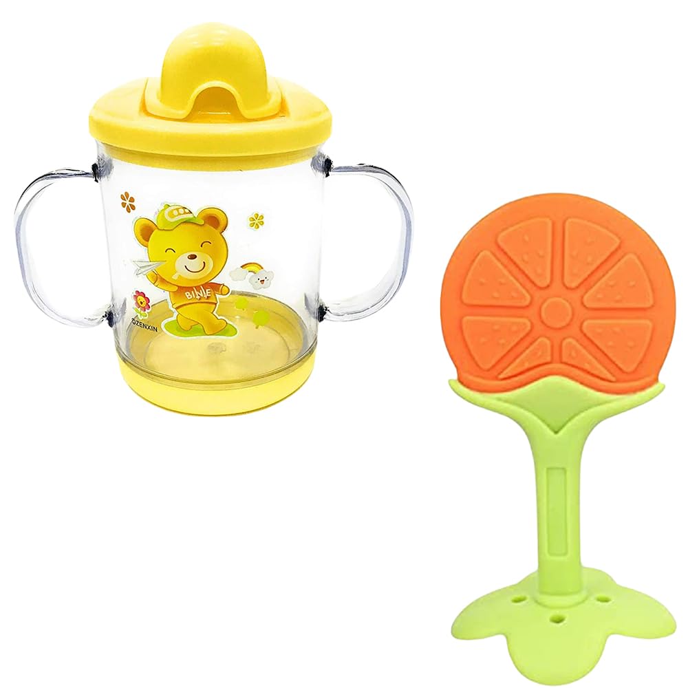 Kritiu Baby Sippy Cup & Teether Set - BPA-Free Silicone Toddler Drinking Cup with Teething Toy - Safe for Infants 6+ Months - Yellow - Perfect for On-the-Go, Daycare & Learning Independent Drinking