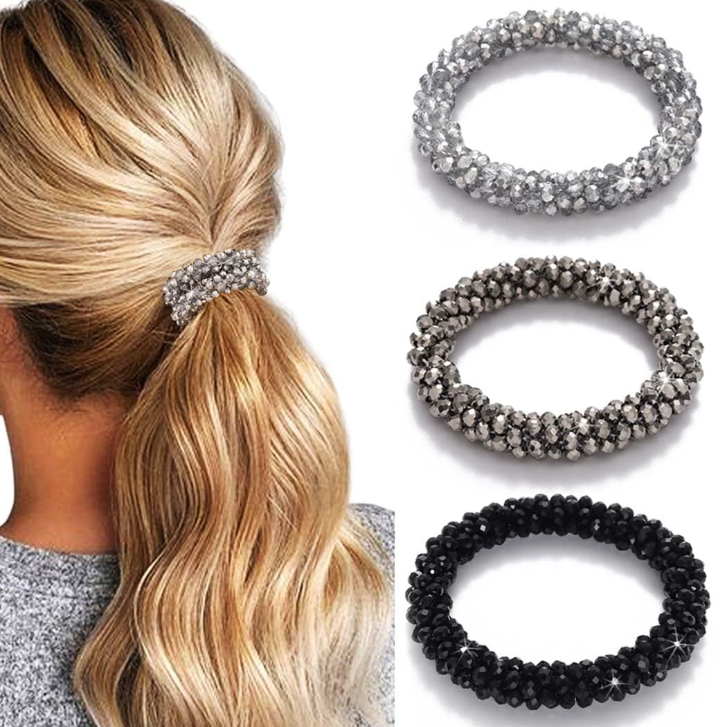 Sparkly Crystal Hair Scrunchies for Women & Girls - Rhinestone Beaded Elastic Ponytail Holders (Pack of 3) | Perfect for Parties, Weddings & Everyday Glam Accessories