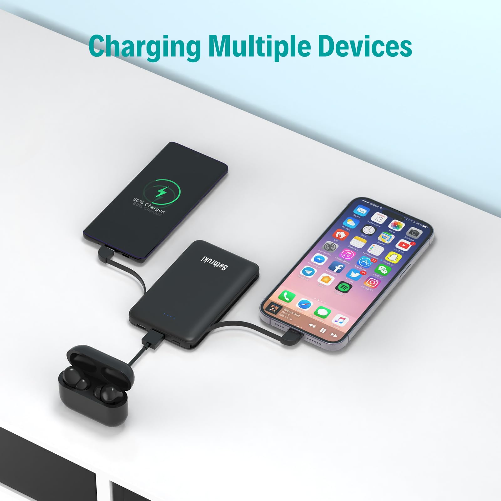 Ultra Slim 6000mAh Portable Charger with Built-in Cables - Mini Power Bank, Fast Charging External Battery Pack, Lightweight USB C Phone Charger for iPhone, Samsung, Google Android (Black) - Perfect for Travel, Camping, and Emergency Power Backup