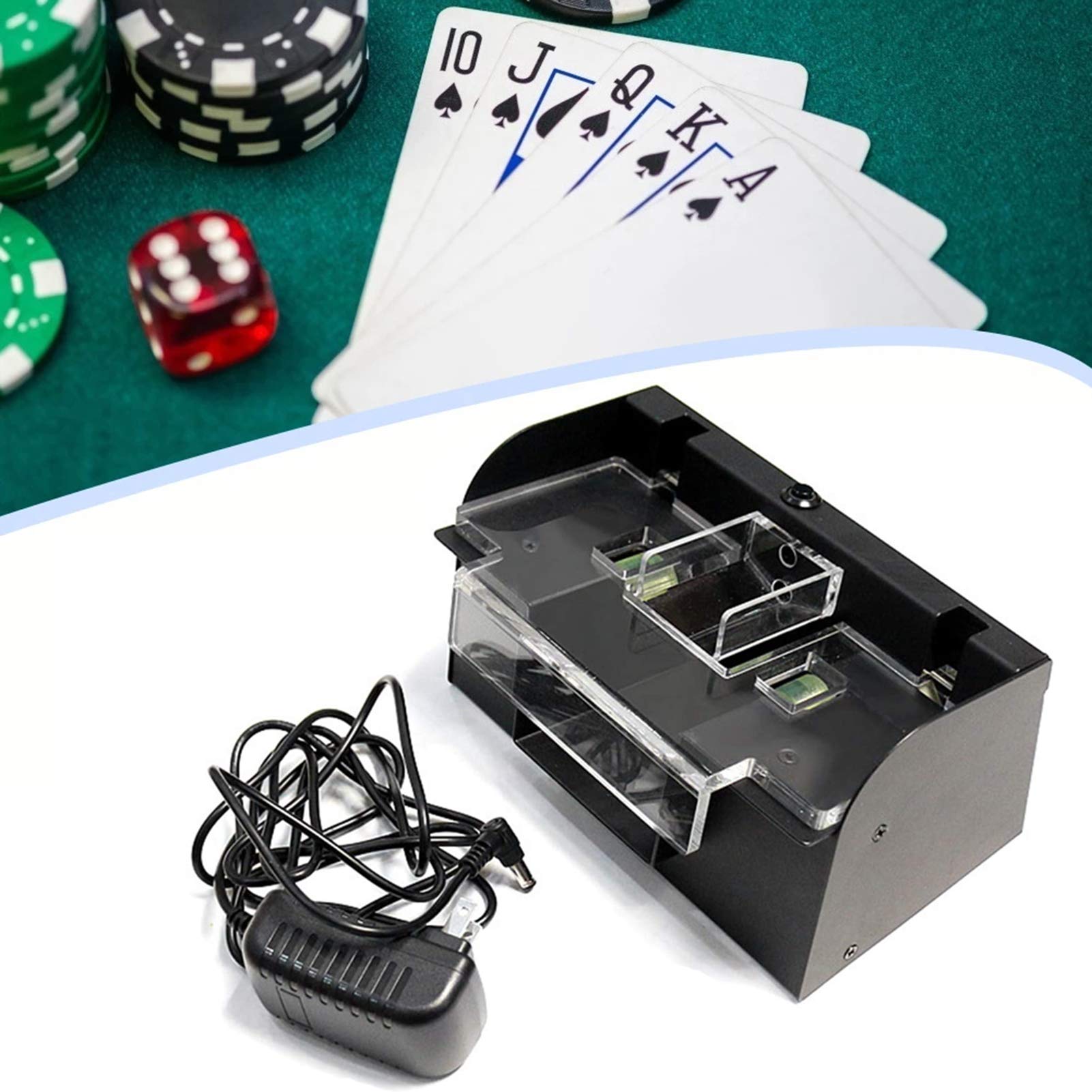 Kimcc 2 Deck Automatic Card Shuffler for Poker Tournaments & Home Parties - Electronic Playing Card Shuffler with Mute Function & Plug-in Power Supply - Perfect for Casino Nights, Game Nights & Card Clubs
