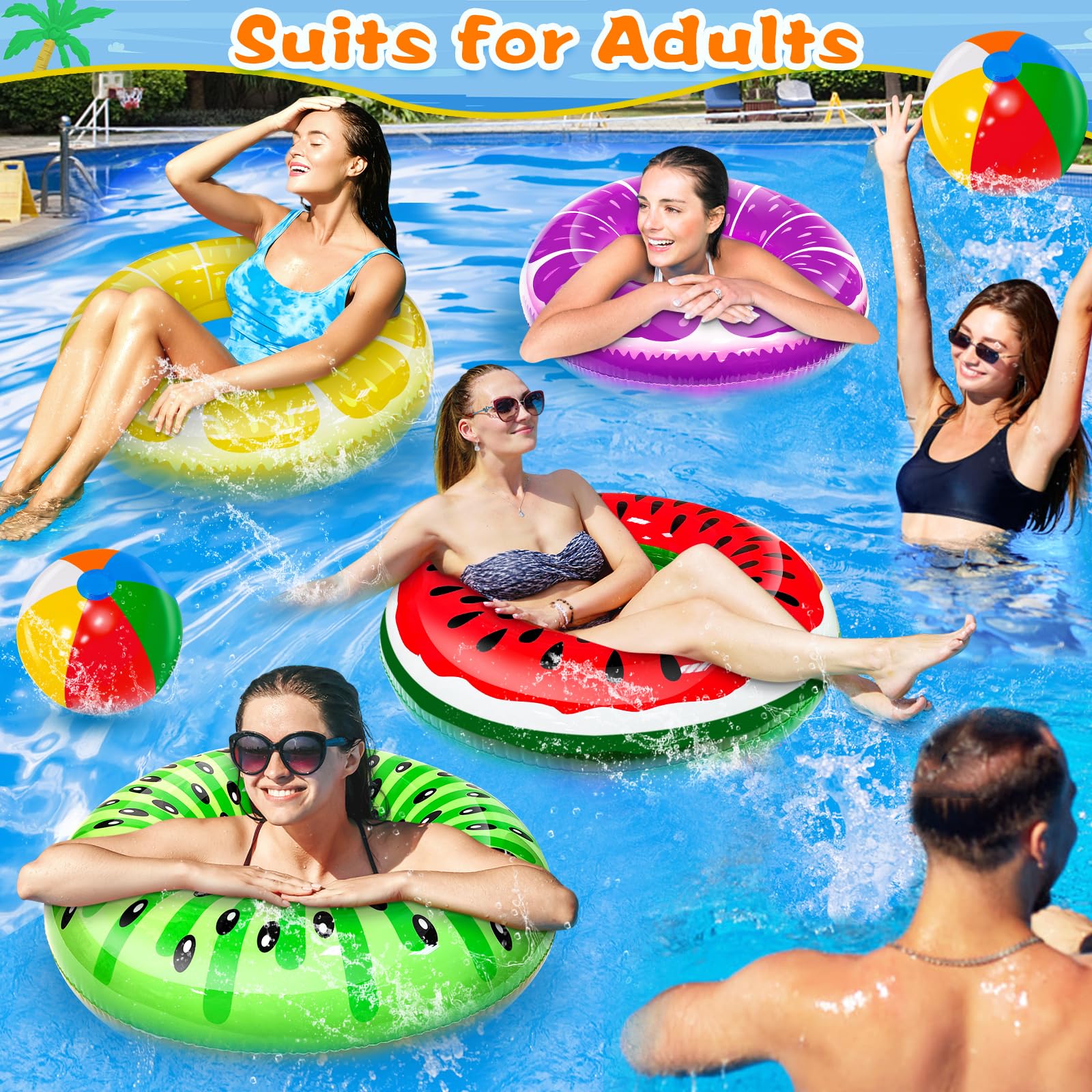 8 Pack Inflatable Pool Floats for Kids & Adults - 4 Fruit Swim Rings + 4 Beach Balls - Summer Water Toys for Pool, Beach, Luau Parties & Backyard Fun - Hawaiian-Themed Floaties for Swimming & Relaxation