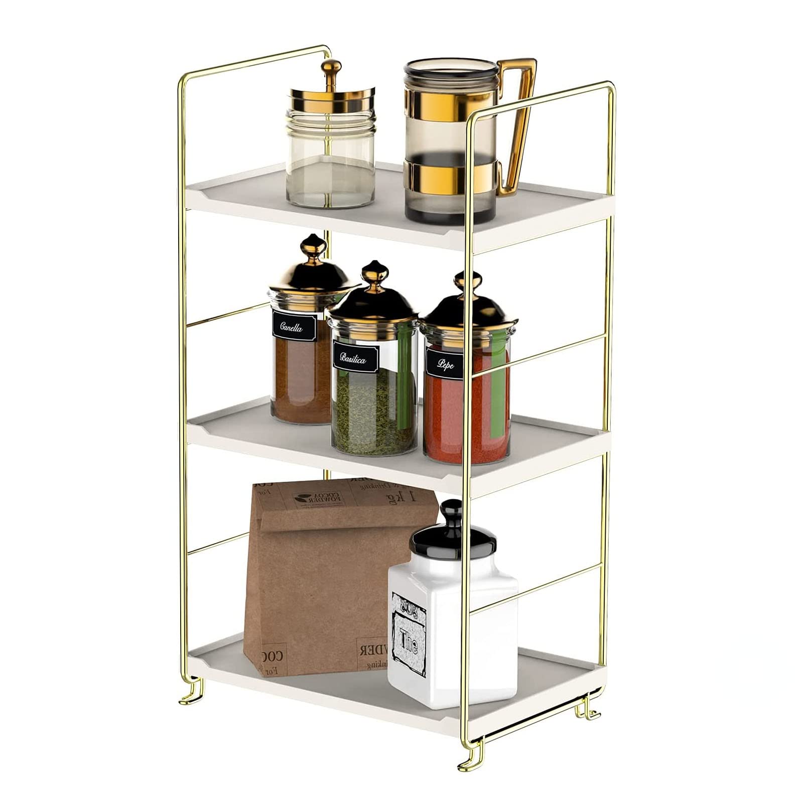 3-Tier Stackable Spice Rack Organizer - Golden Square Standing Shelf for Kitchen Counter, Bathroom Storage & Cosmetic Organization | Space-Saving Solution for Spices, Makeup & Toiletries