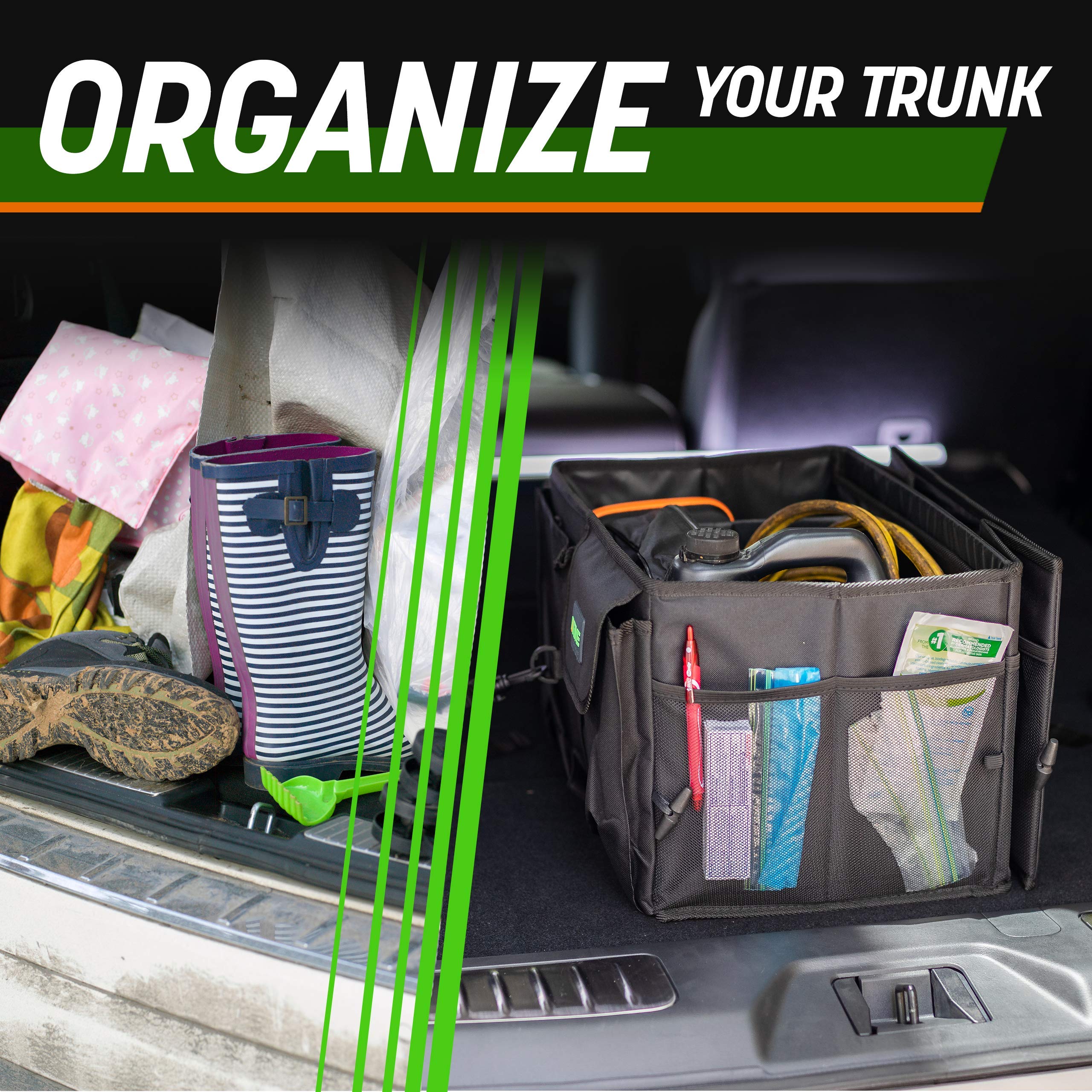 Collapsible Car Trunk Organizer with Adjustable Straps - Multi-Compartment SUV & Truck Storage Organizer - Durable Auto Accessories for Men & Women (Black) - Perfect for Road Trips, Grocery Shopping & Travel Gear Organization
