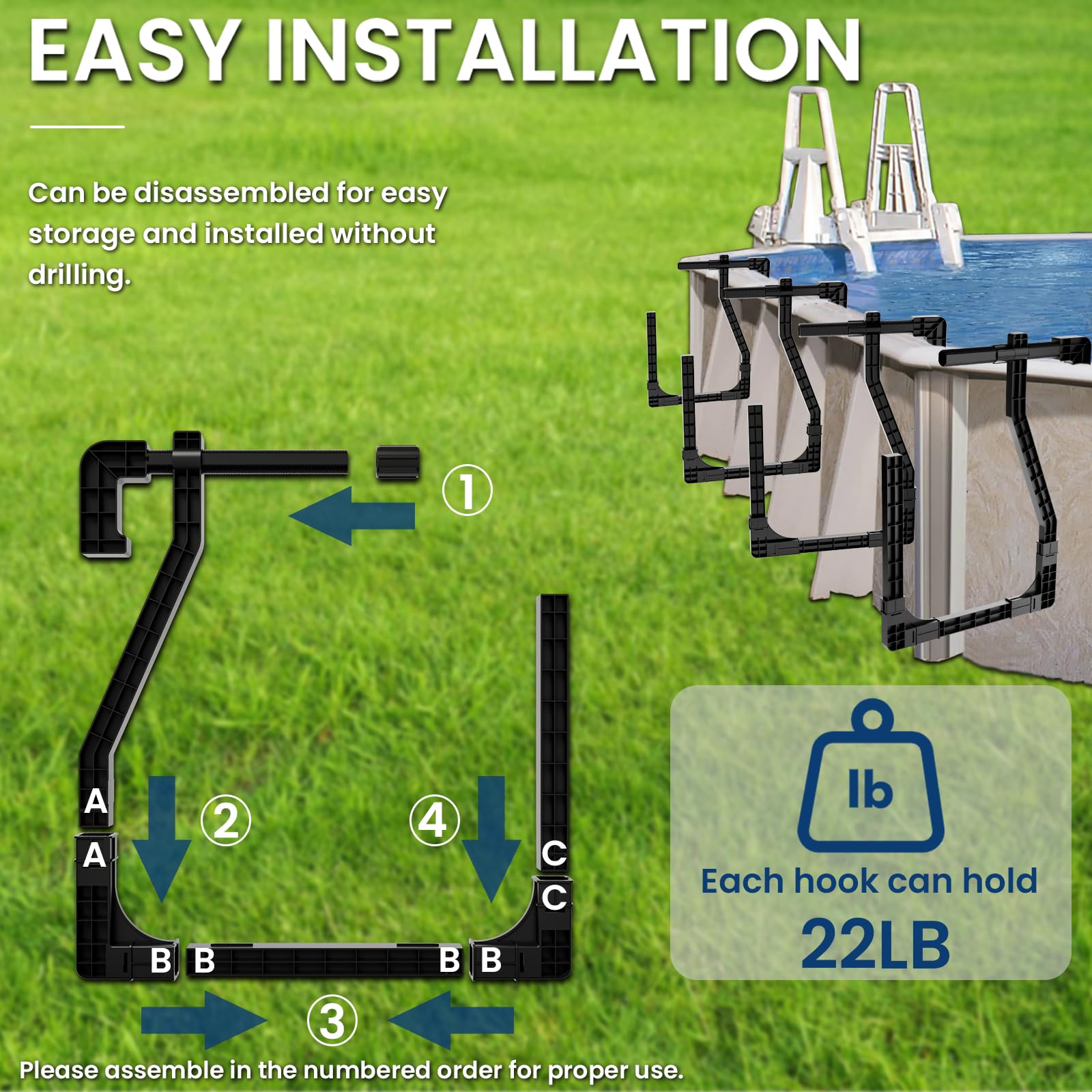 4-Pack Adjustable Black Rectangular Solar Cover Holder for Above Ground Pools - Keeps Solar Blankets Elevated & Protected - Perfect for Backyard, Inground & Oval Pools