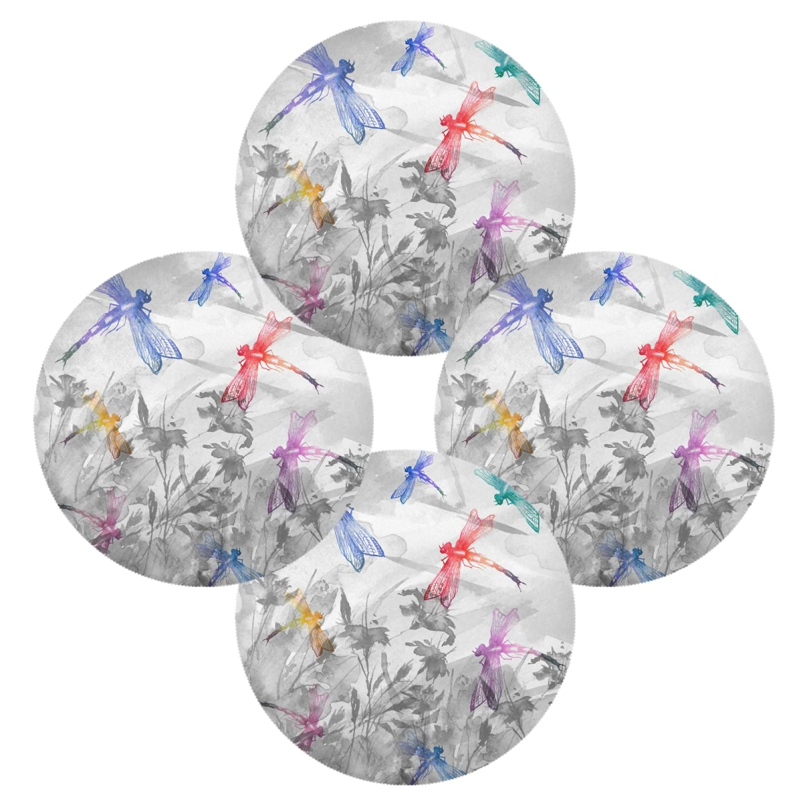 Premium Round Placemats Set of 6 - Washable Polyester Table Mats with Elegant Ink Flower & Dragonfly Design - Perfect for Dining Tables, Kitchen Decor, and Special Occasions