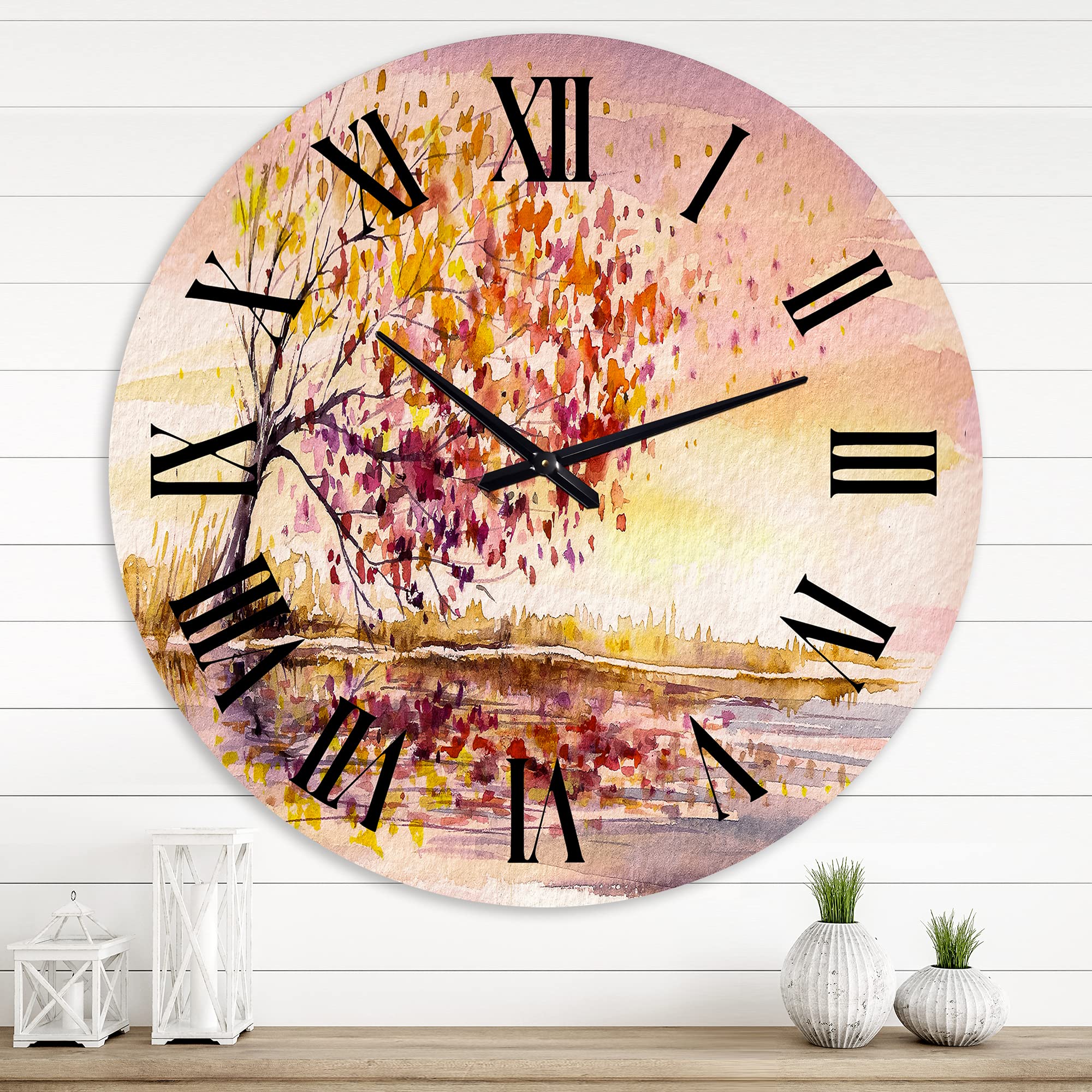 DesignQ Traditional Wall Clock - Yellow and Orange Autumn Tree Landscape Nature Large Wall Clock for Kitchen, Living Room, Bedroom & Office Decor | Perfect for Home, Farmhouse & Rustic Interior Design
