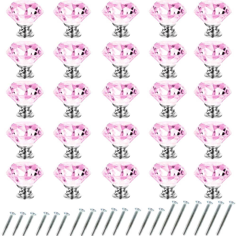 Crystal Glass Cabinet Knobs 25-Pack - Pink for Dresser & Kitchen