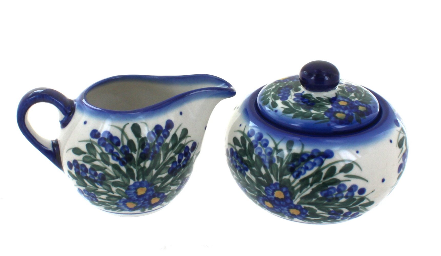 Handmade Blue Rose Polish Pottery Hyacinth Sugar Bowl and Creamer Set - Vintage Tea Accessories for Afternoon Tea, Coffee Service, and Elegant Table Decor