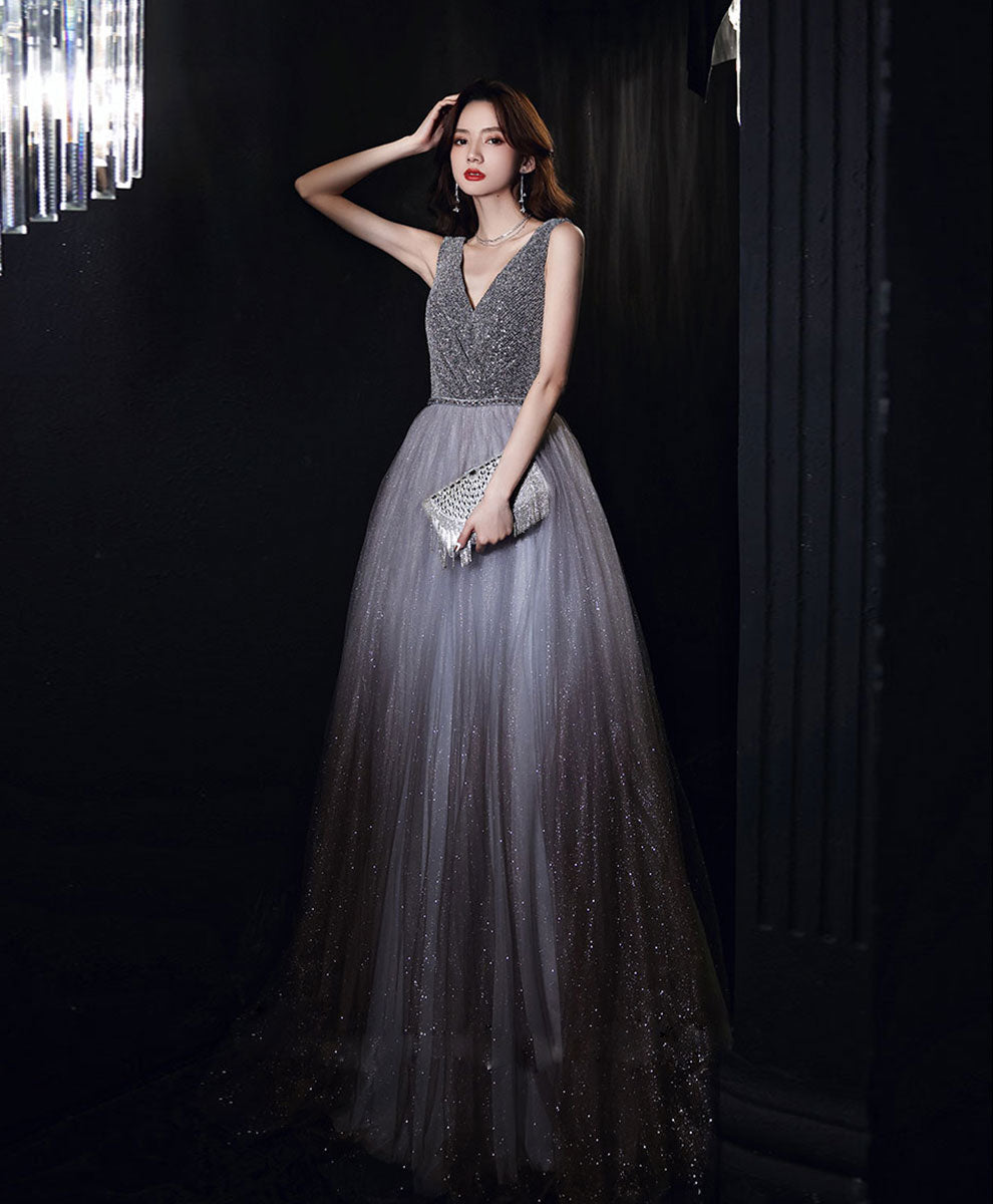Elegant Gray Tulle V-Neck Sequin Long Prom Dress - Perfect for Formal Dances, Evening Galas & Special Occasions