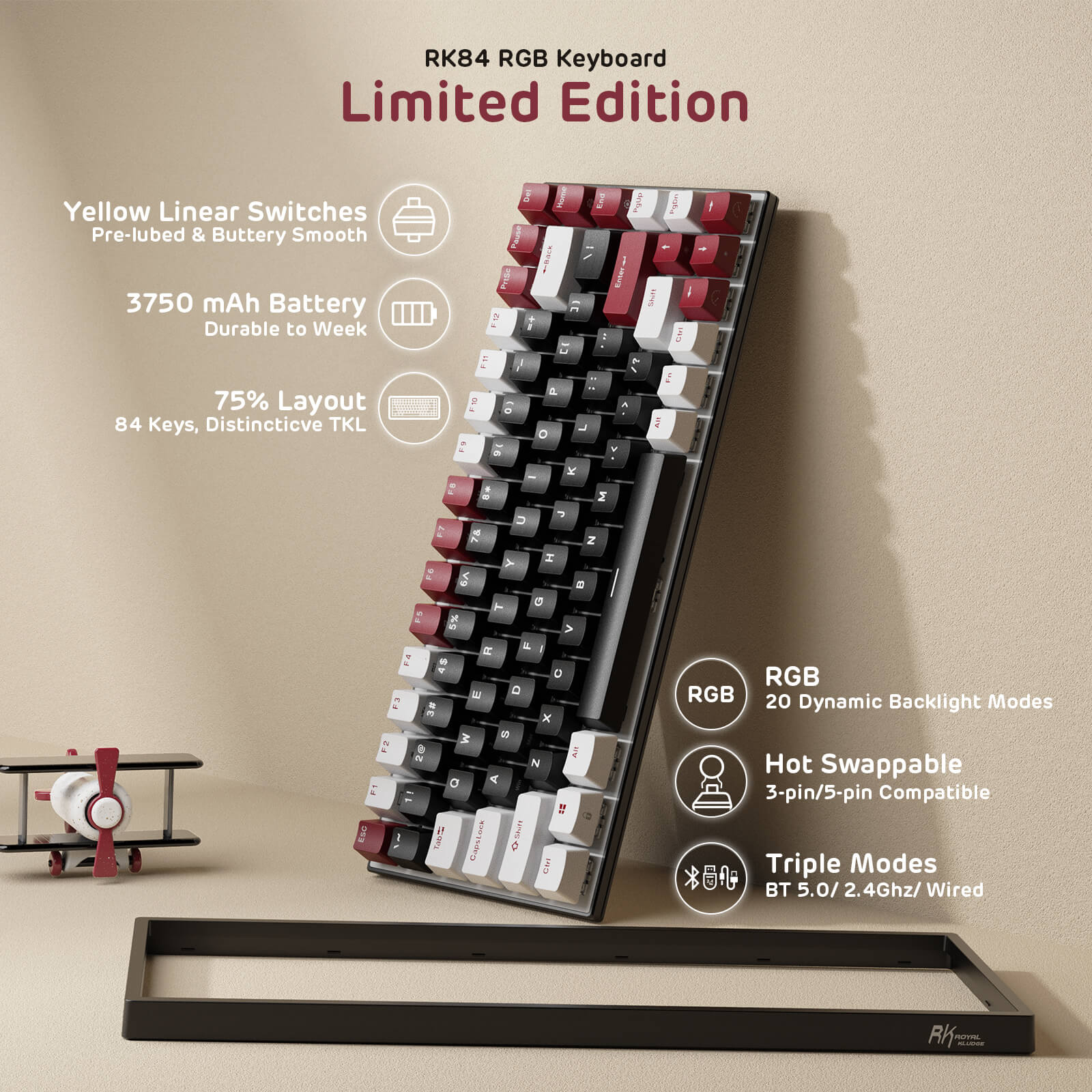 RK84 Wireless RGB Mechanical Keyboard - 84-Key Compact Design, Bluetooth/2.4G/USB-C Connectivity, Customizable RGB Backlit - Perfect for Gaming, Office & Home Use