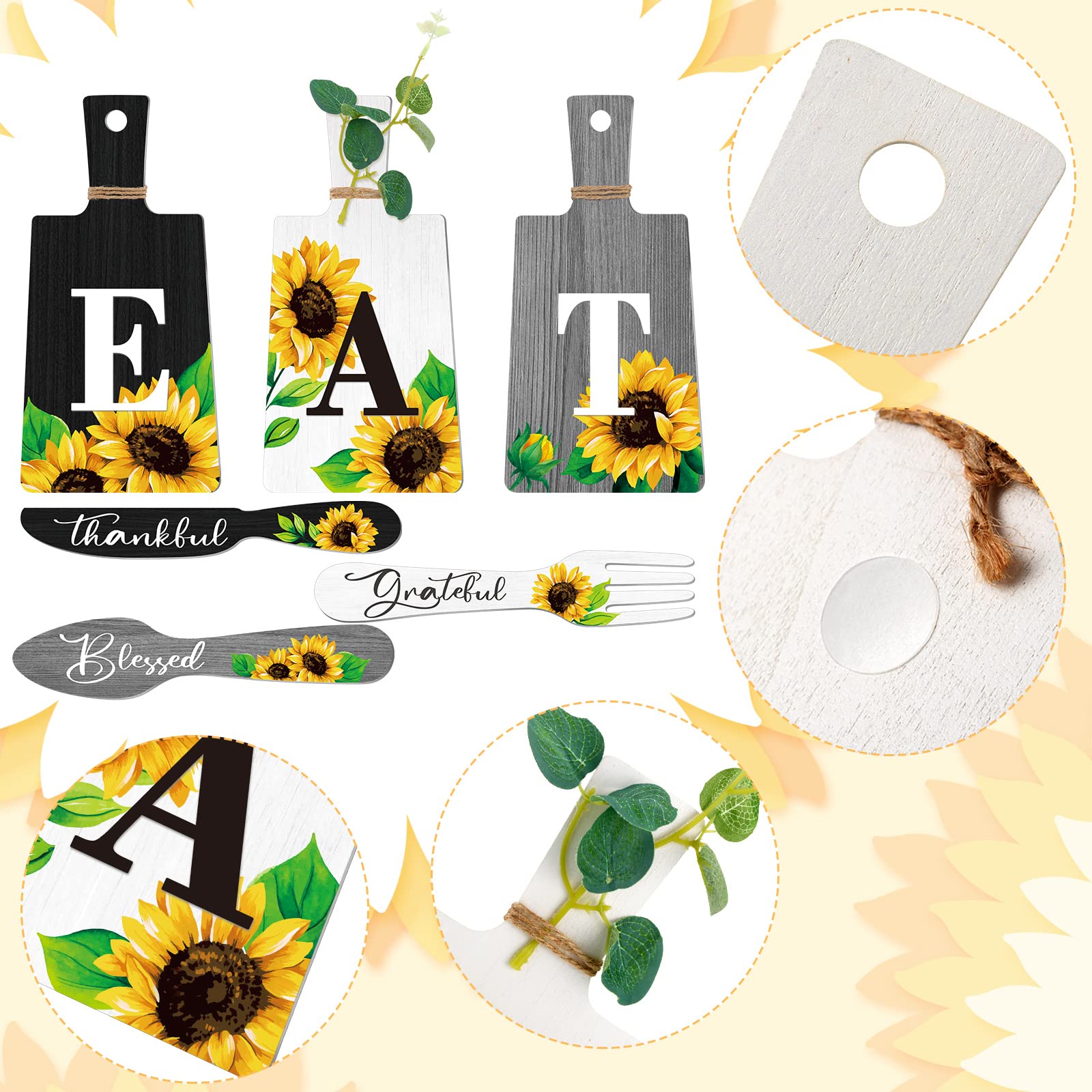 Bucherry Set of 6 Sunflower Kitchen Wall Decor - Wooden Fork and Spoon Wall Hanging Plaques with Eat Signs - Farmhouse Style Kitchen Accessories for Dining Room, Country Kitchen, and Rustic Home Decor