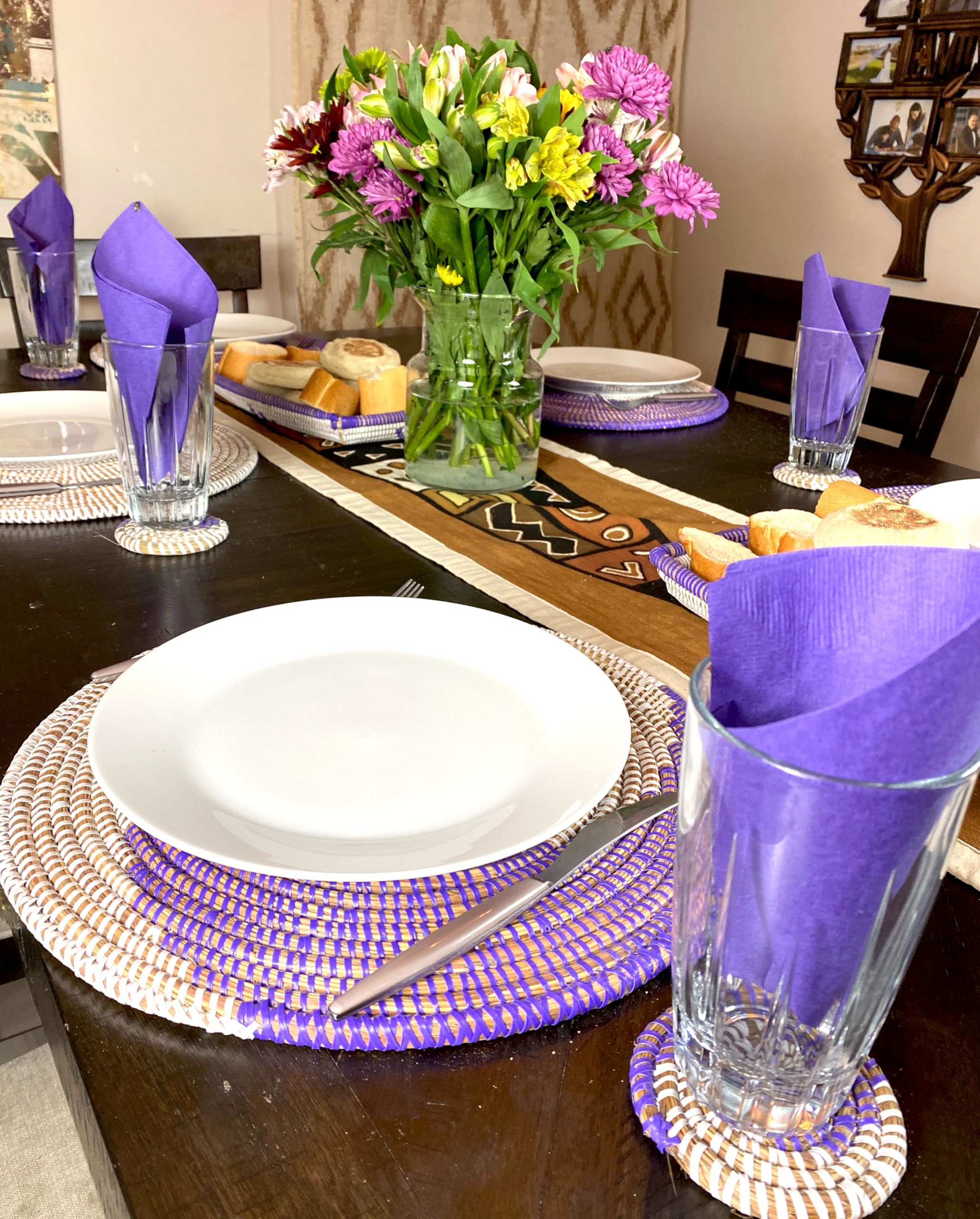 Handwoven African Bohemian Seagrass Placemats - Natural Round Wicker Basket Plates for Dining Table Decor | Purple & White Decorative Hanging Wall Plates | Perfect for Boho Chic Home, Farmhouse Kitchen & Coastal Style Decor