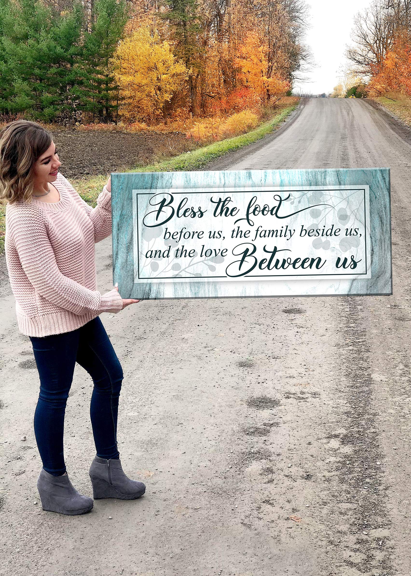 Bless The Food Sign - Christian Wall Decor for Dining Room & Kitchen - Large Canvas Wall Art with Floating Frame - Perfect for Family Home Decor (Grey/Teal/Black, 60x27) - Ideal for Farmhouse, Rustic & Modern Interior Design
