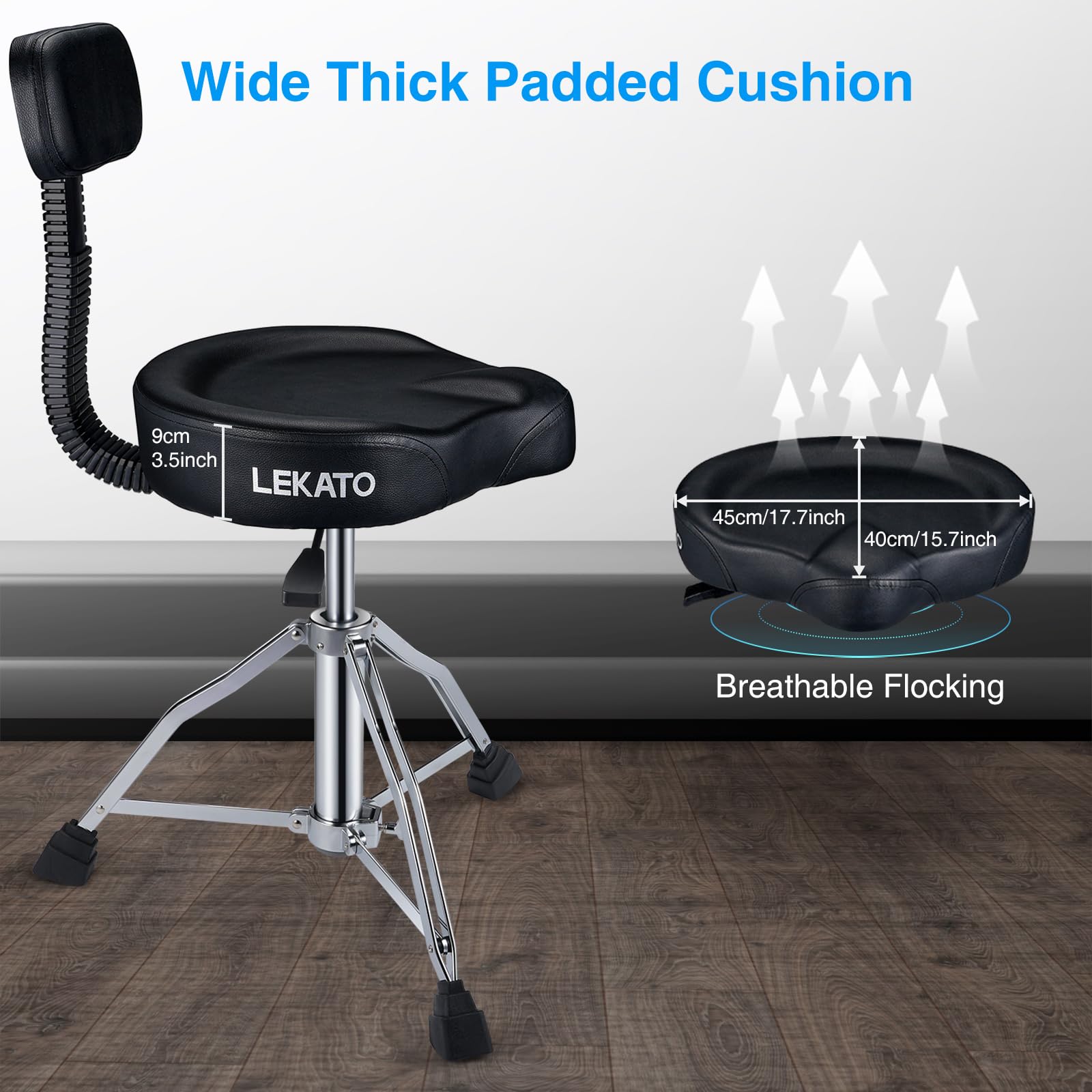 LEKATO Heavy Duty Hydraulic Drum Throne with Adjustable Height & Backrest - Motorcycle Style Drum Stool for Adult Drummers - Perfect for Drum Practice, Studio Sessions & Live Performances