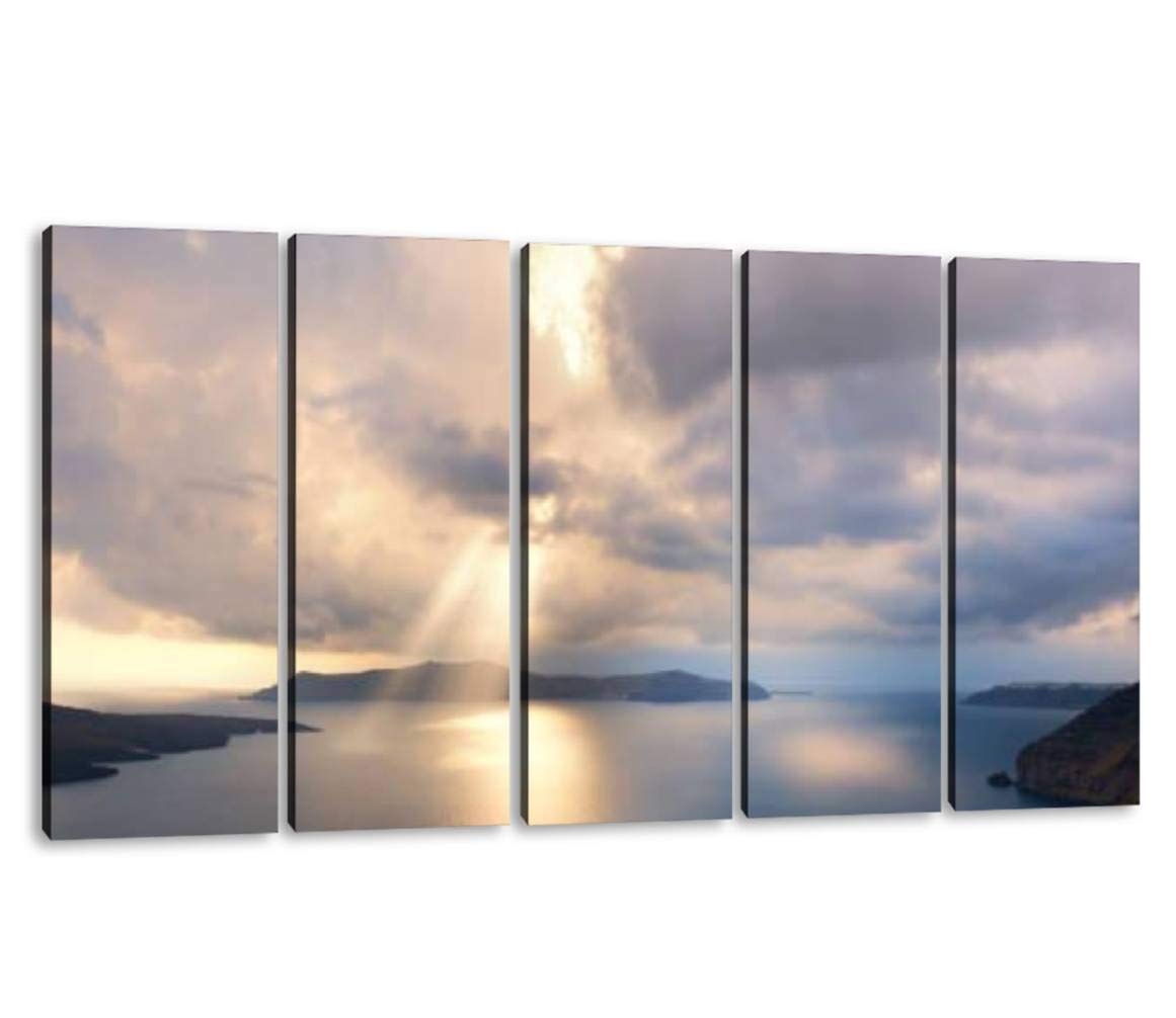 KiiAmy 5-Panel Sunset at Santorini Wall Art - Modern Framed Canvas Print for Living Room, Bedroom & Office Decor - Ready to Hang Greek Island Landscape Painting (60