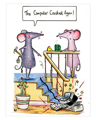 Hand Drawn Computer Crash Greeting Card - Funny Tech Support Card for IT Professionals, Office Workers & Computer Lovers (White) - Perfect for Birthdays, Work Anniversaries & Tech Humor Gifts