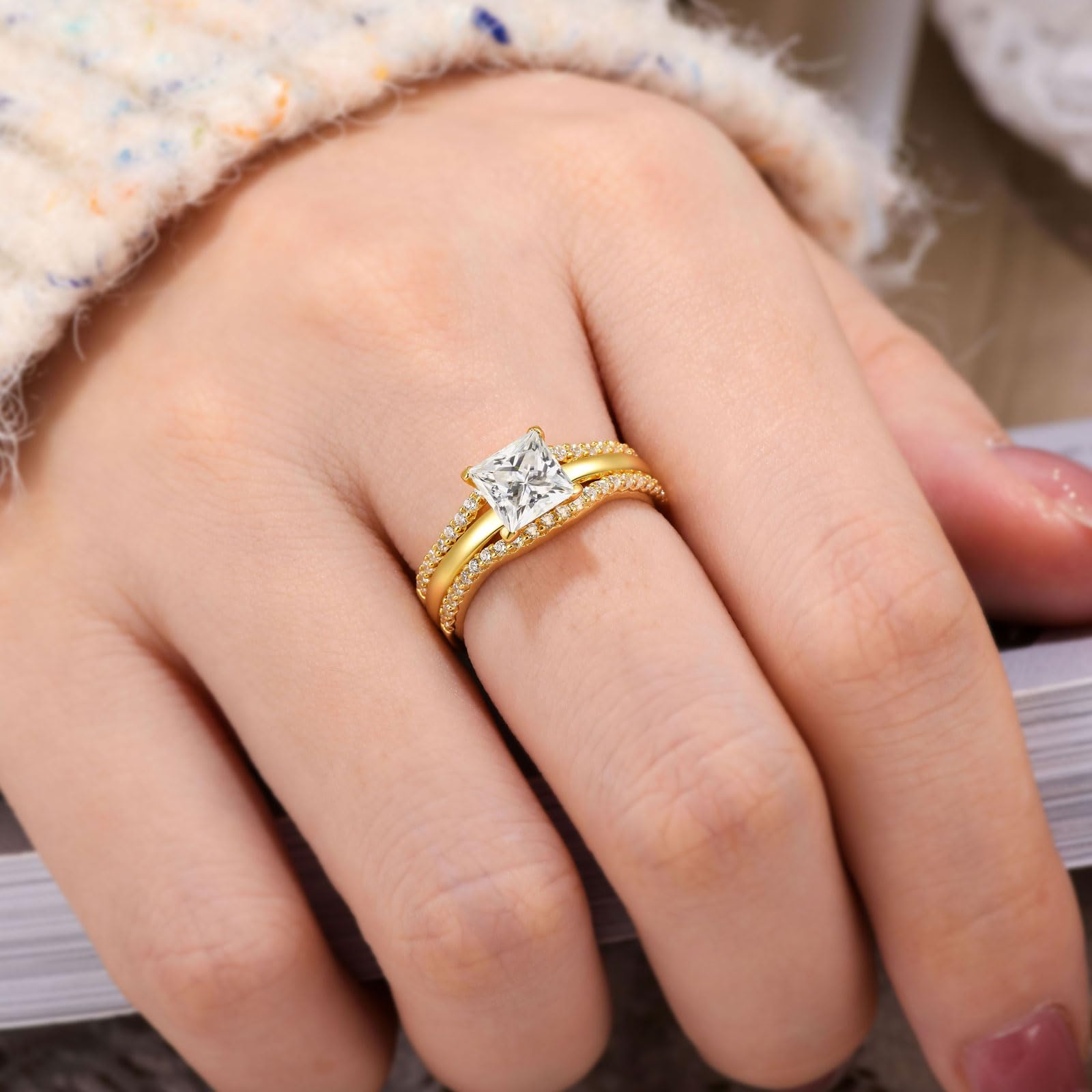 Princess Cut CZ Solitaire Engagement Ring Set with Wedding Band & Enhancer Guard Ring - Sterling Silver Sizes 5-12 | Perfect for Proposals, Anniversaries & Bridal Jewelry