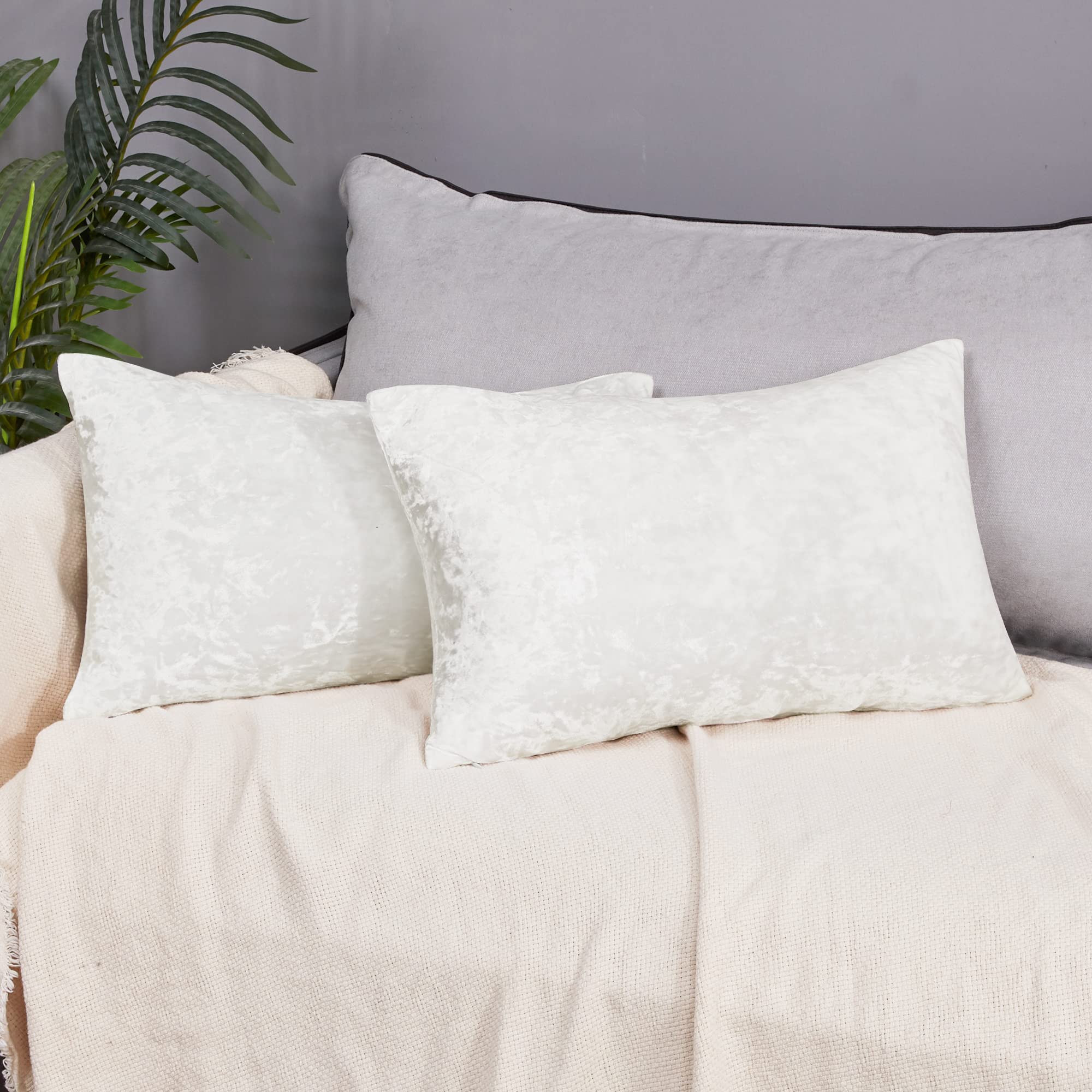 Deconovo Super Soft Velvet Cushion Covers - 2 Pack White Decorative Throw Pillow Cases for Sofa & Bed (12x20 Inches) - Perfect for Living Room Decor, Bedroom Accent, and Home Styling