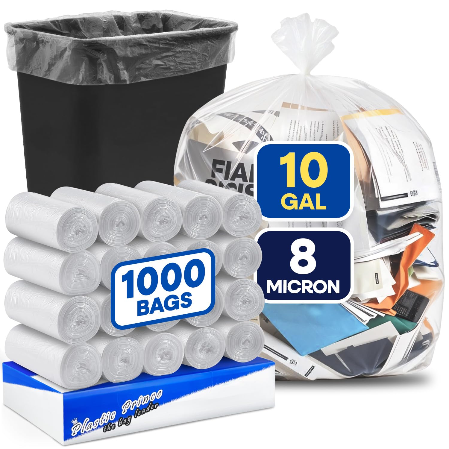 PLASTIC PRINCE 7-10 Gallon Trash Bags - 1000 Count Small Office Garbage Bags, 8 Micron Wastebasket Liners (24