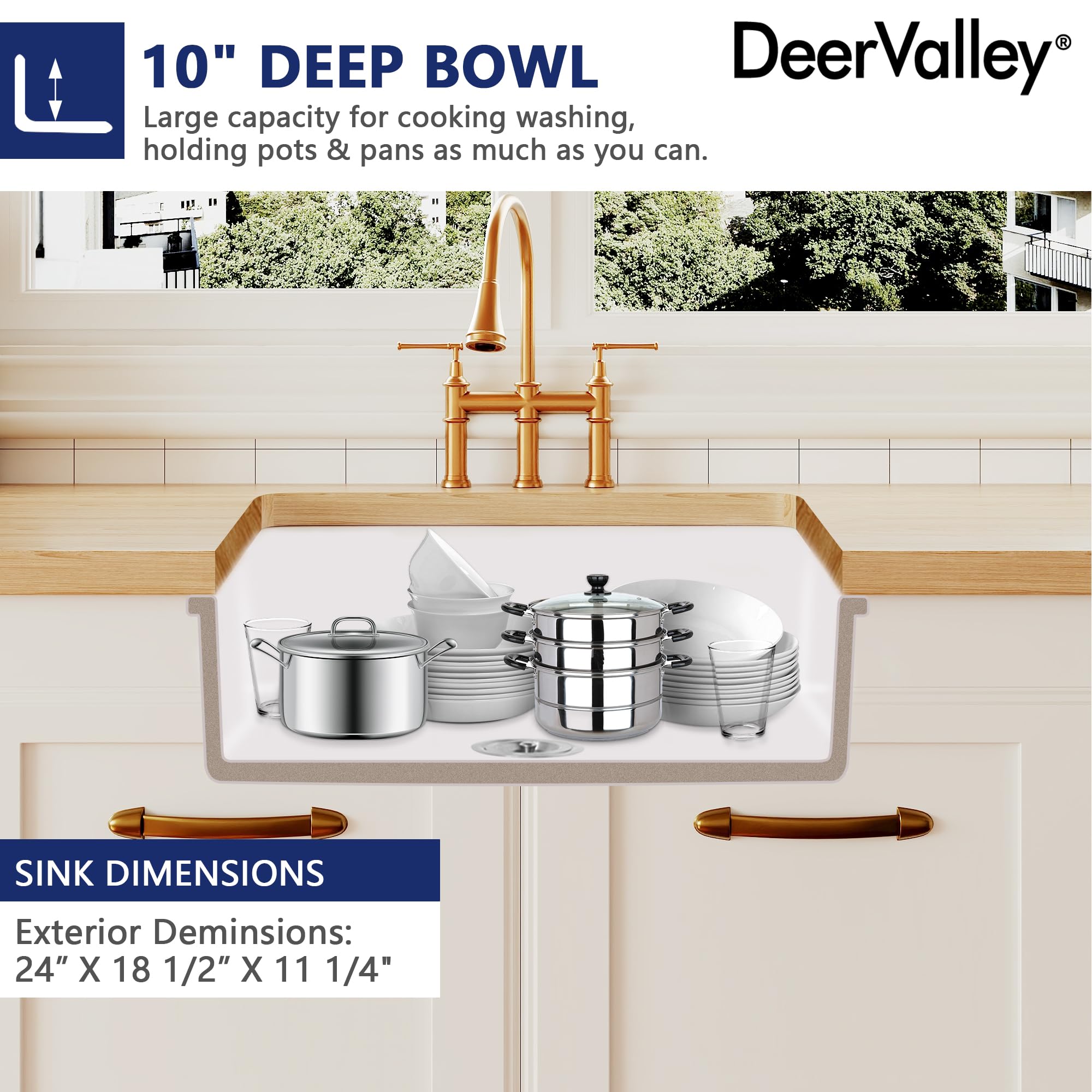 Premium White Fireclay Undermount Kitchen Sink - DeerValley Single Bowl Workstation Sink with Sink Grid & Basket Strainer (24.02