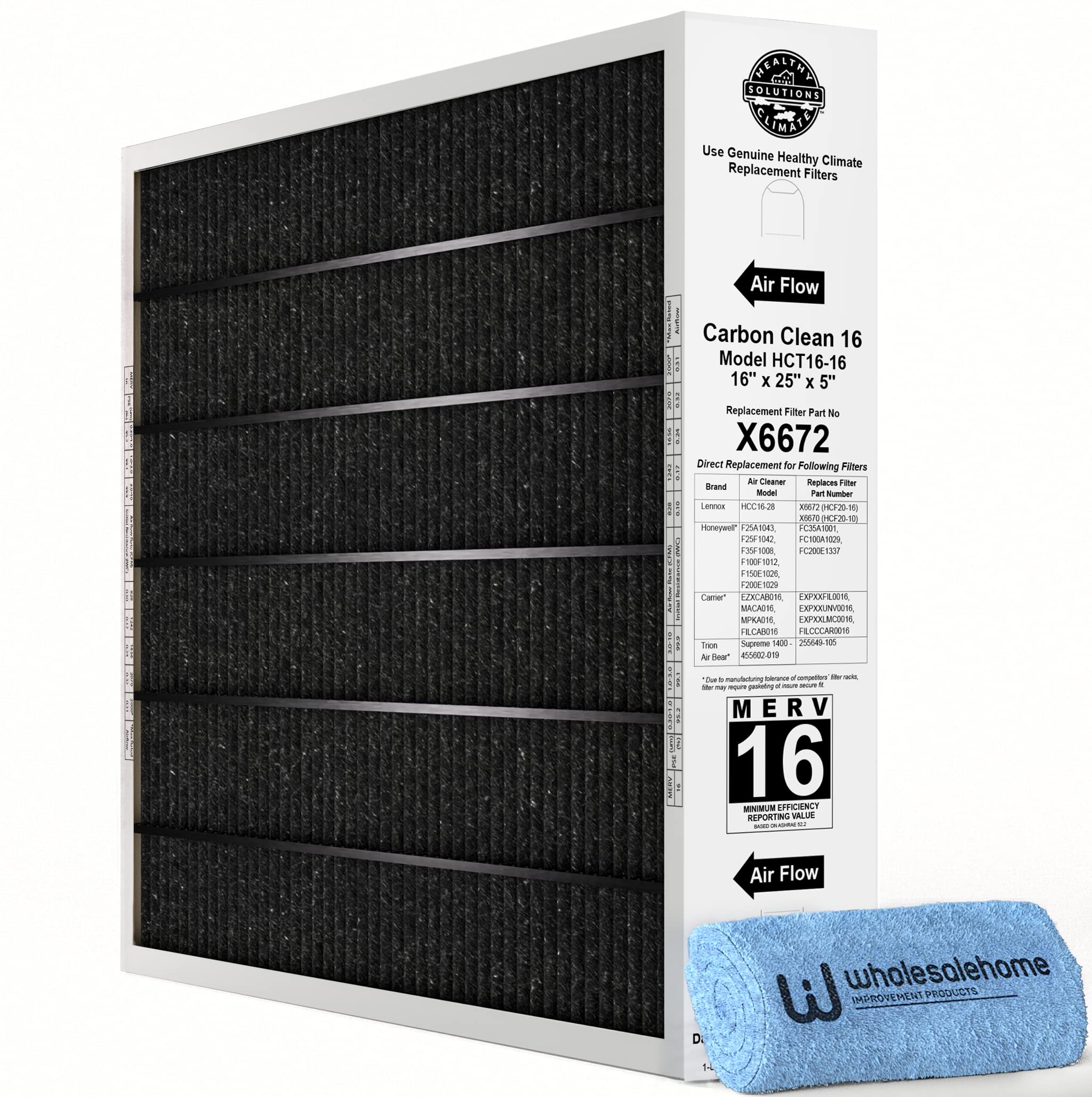 Lennox X6672 16x25x5 MERV 16 Furnace Air Filter - Healthy Climate Carbon Clean HVAC System Replacement - for Home, Office & Commercial Use - Includes Free Wholesalehome Cleaning Cloth - Improves Indoor Air Quality & Reduces Allergens