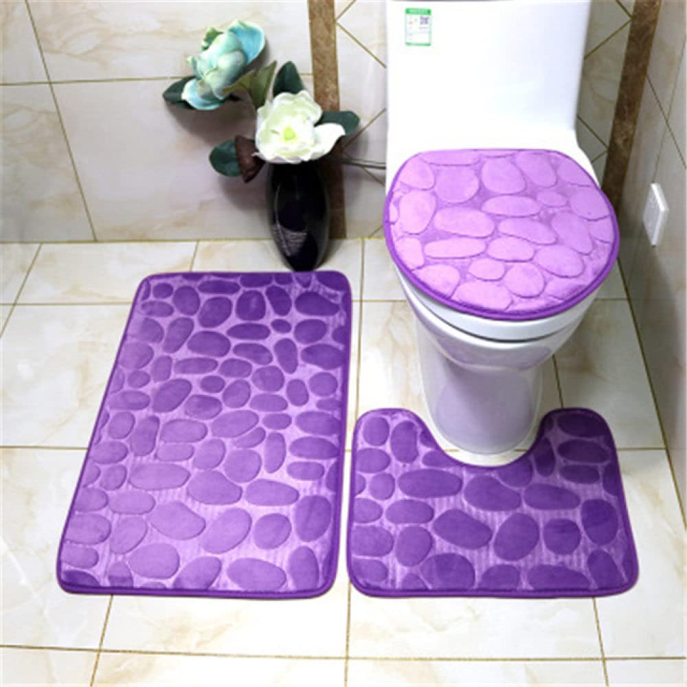 3Pcs Non-Slip Bath Mat Set - Absorbent Pebble Texture Bathroom Rugs, Toilet Cover & Floor Mats - Soft Purple Bathroom Decor for Shower, Bathtub & Vanity Areas