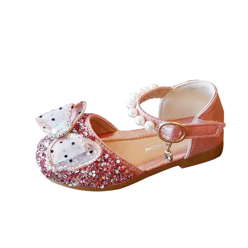 **Kelon Girls Flower Girl Dress Shoes - Crystal Bling Princess Sandals with Bowknot & Pearls for Baby, Infant, Kids - Perfect for Weddings, Parties, Dancing & Special Occasions (Pink)**