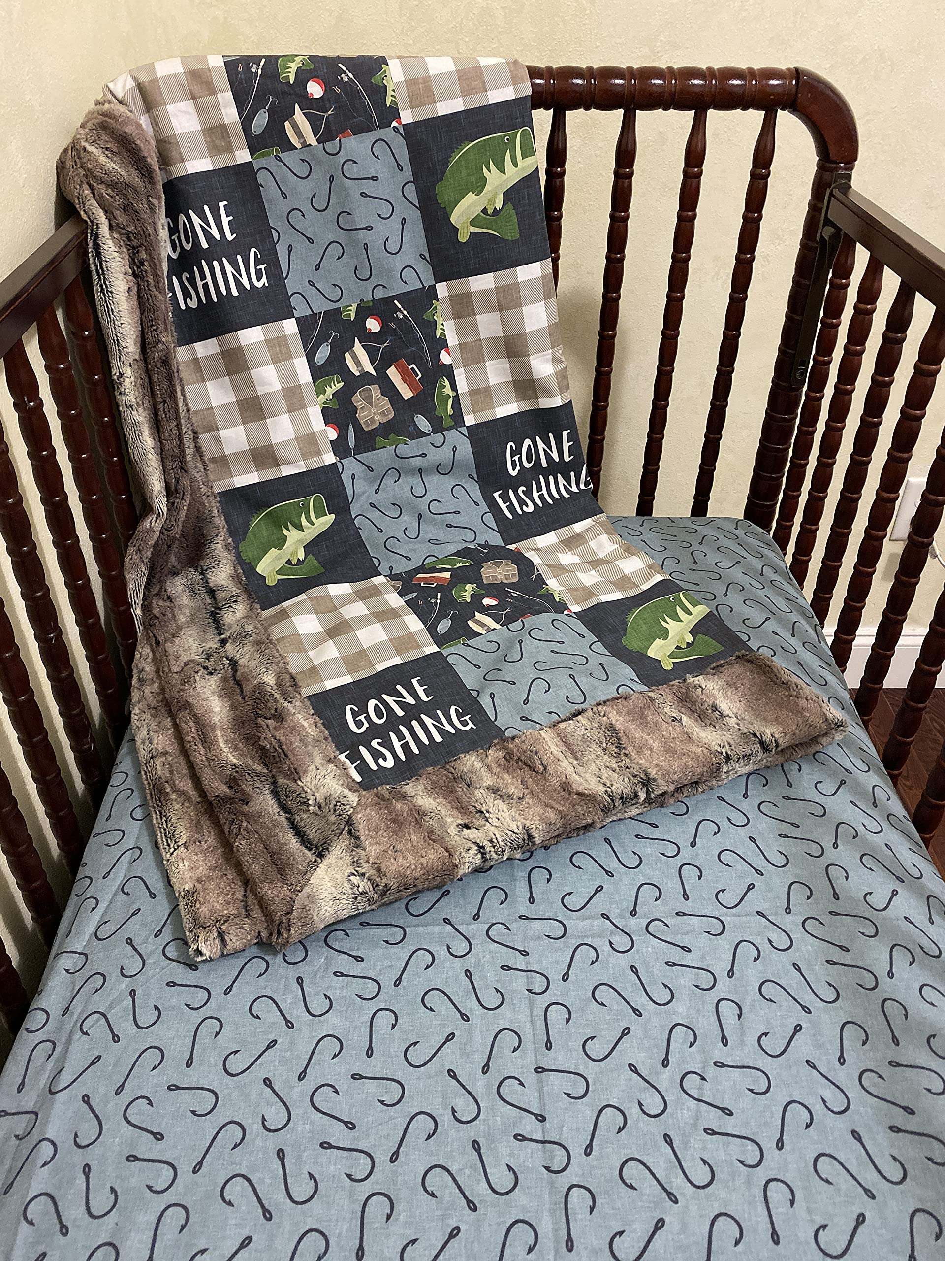 Baby Boy Fishing Nursery Bedding Set - Gone Fishing Crib Bedding for Boys - Soft & Comfortable Crib Sheets, Blanket & Decor - Perfect for Nursery, Baby Shower Gifts & Newborn Essentials