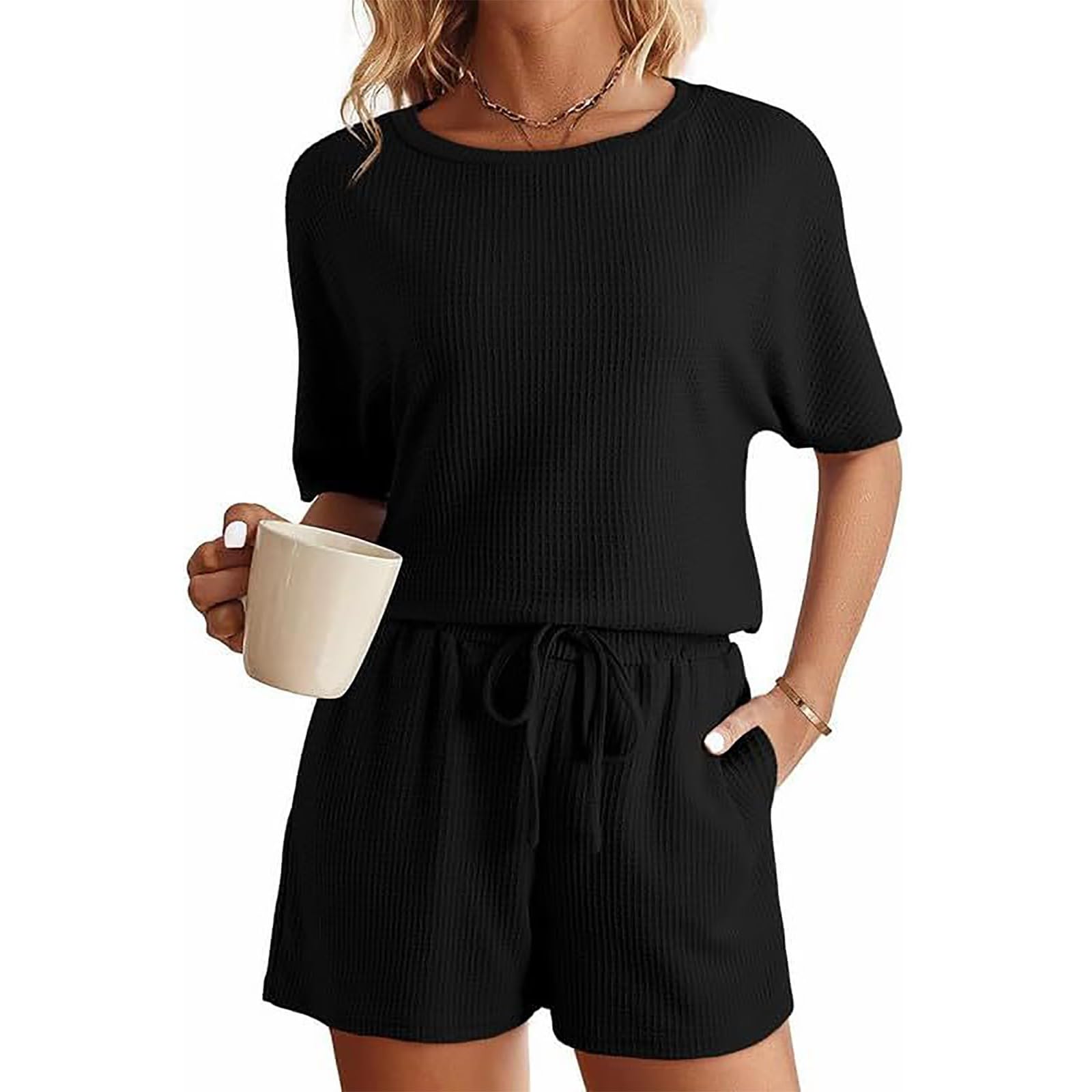 Women's 2-Piece Casual Ribbed Knit Lounge Set - Short Sleeve Crewneck Top & Elastic Drawstring Shorts | Comfortable Outfit for Home, Yoga, Travel & Relaxation