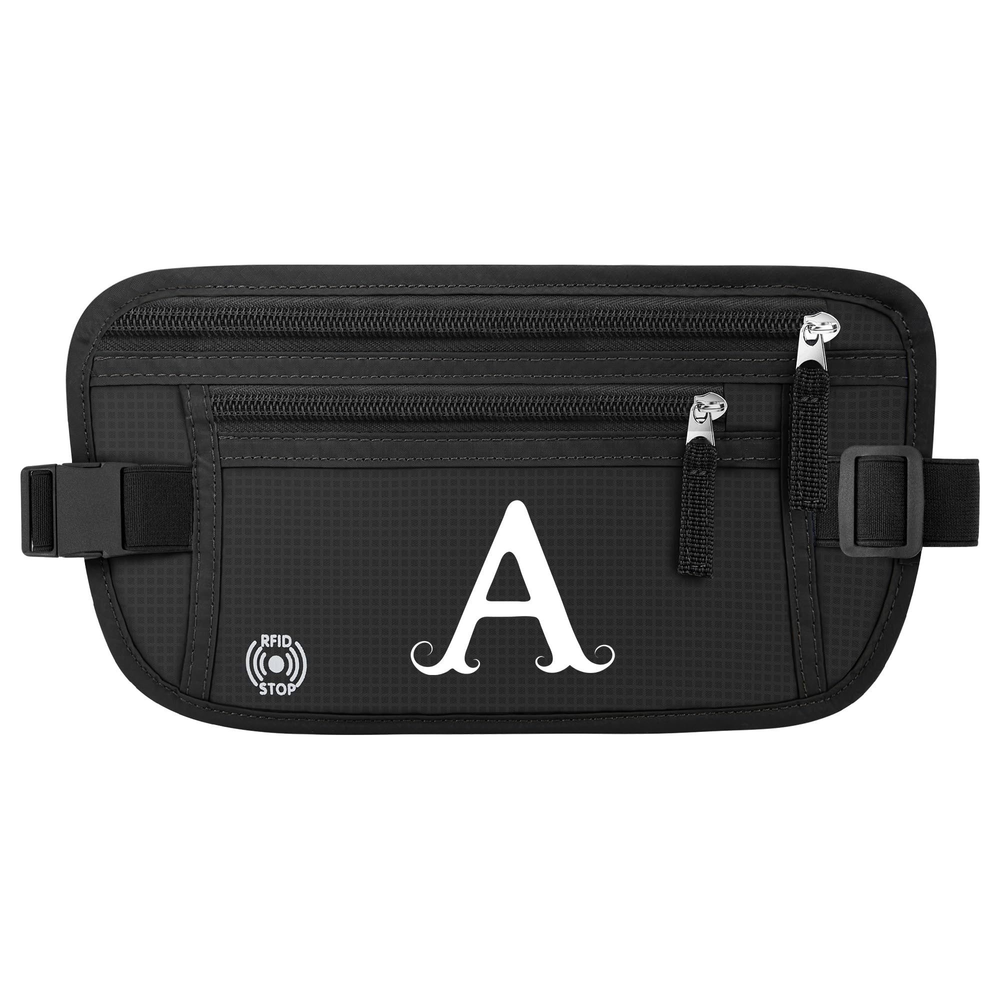 Anti-Theft RFID Travel Money Belt with Personalized Initials - Slim Passport Holder Wallet for Women & Men - Secure Fanny Pack for Travel Essentials (Letter A) - Perfect for Airports, Vacations & International Trips