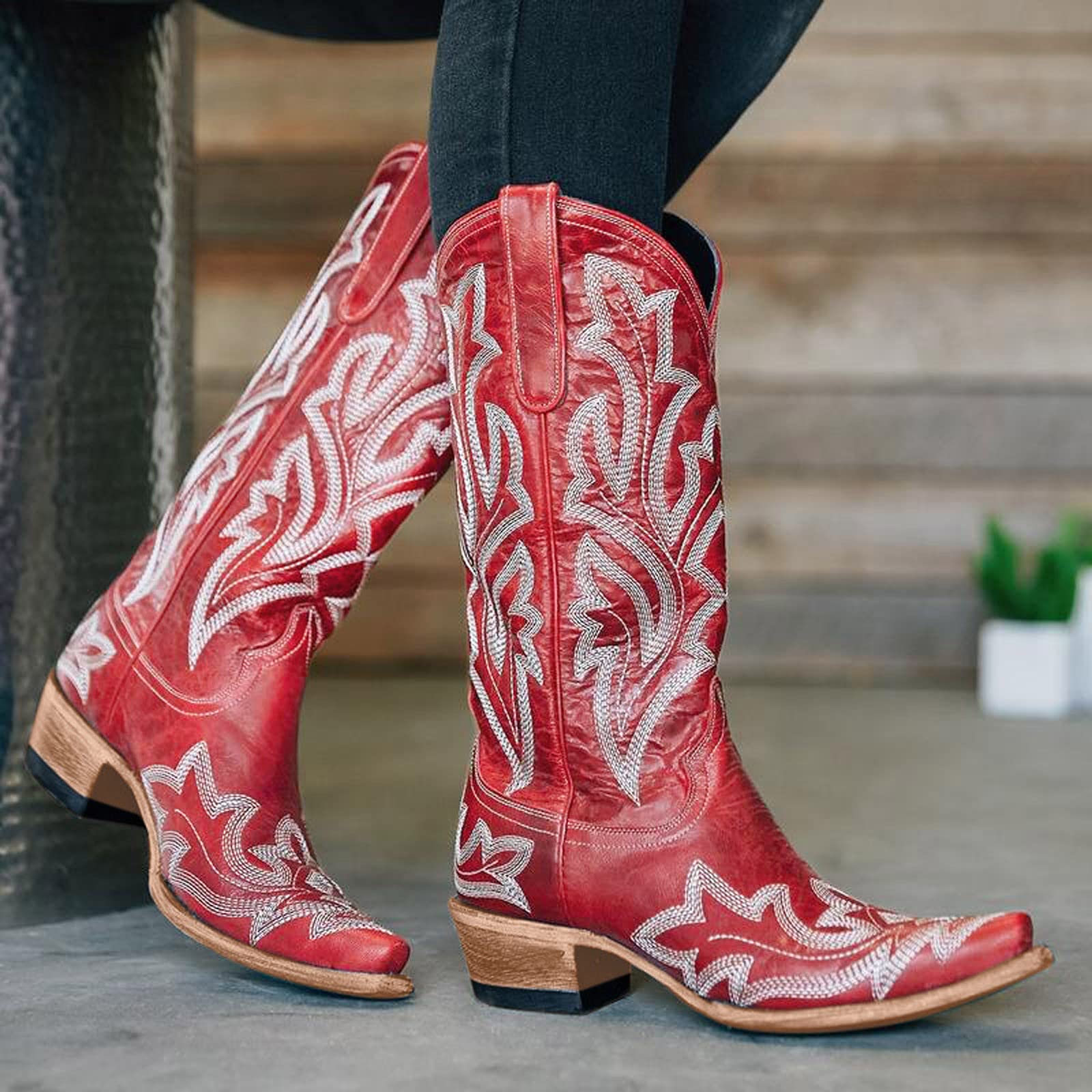 Women's Mid Calf Western Cowboy Boots - Low Heel Embroidery Cowgirl Boots with V-Cut Square Toe & Wide Width | Perfect for Casual Wear, Country Dancing & Western Fashion Outfits