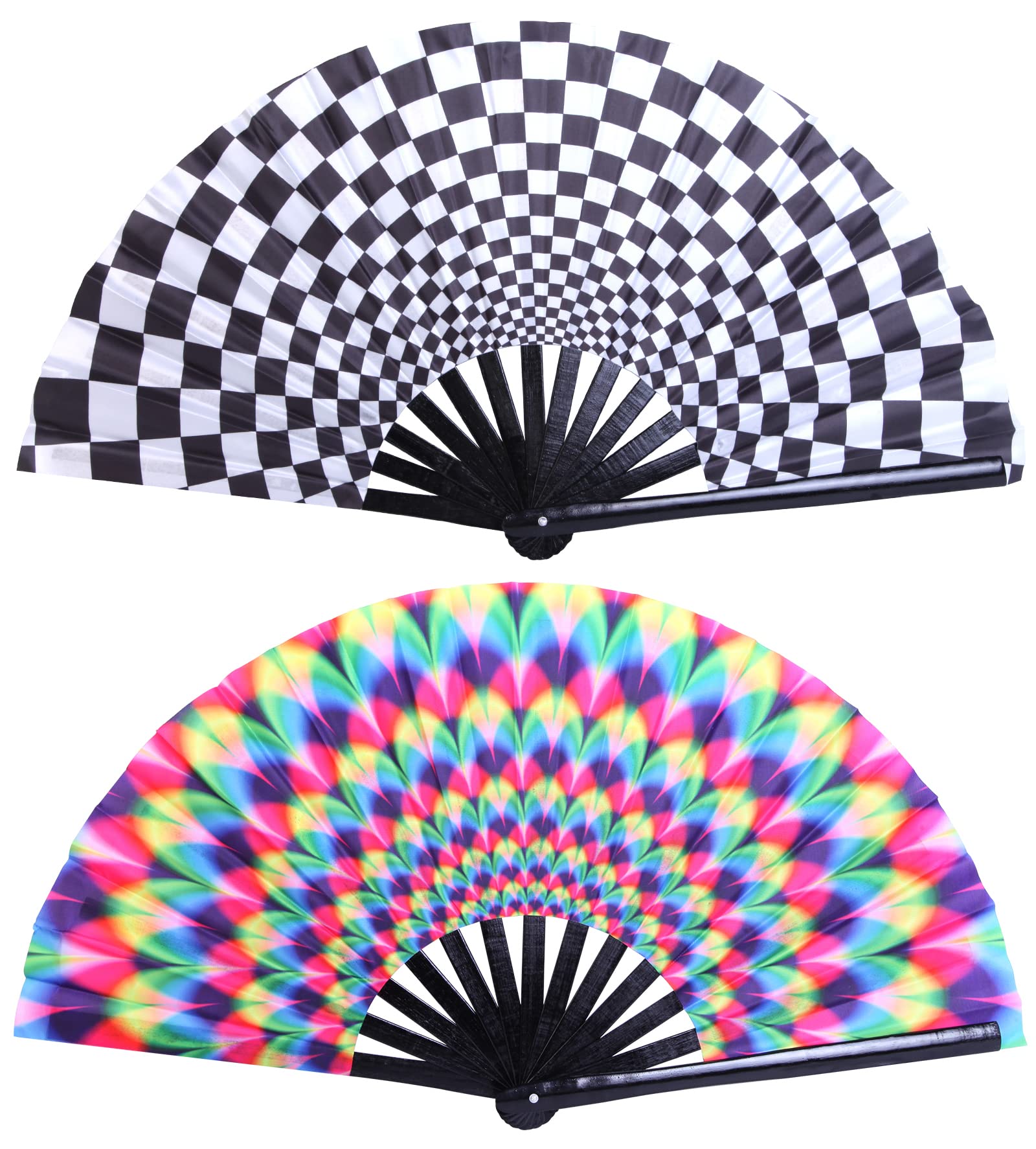 Gionforsy Large Folding Hand Fan - 2 Pack Bamboo Rave Fans with Vibrant Color Fabric, Perfect for Festivals, Concerts, Raves & Outdoor Events - Portable Cooling Fan for Summer Heat