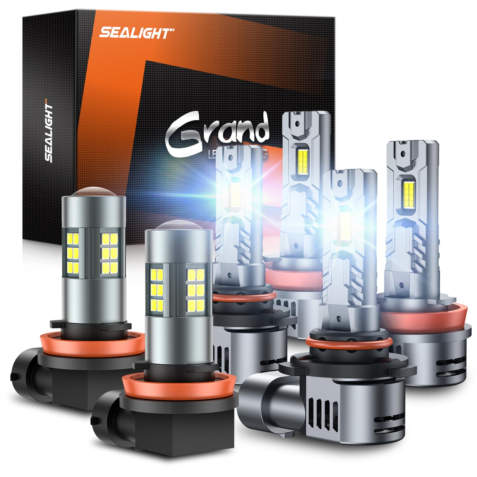 SEALIGHT 9005/HB3 H11/H8/H16 LED Fog Light Bulb Combo Pack of 6 - 360° Illumination Xenon White Car Lights for Trucks & SUVs - 14000RPM Cooling Fan, Plug-N-Play, Non-Polarity - Perfect for Night Driving and Off-Road Adventures