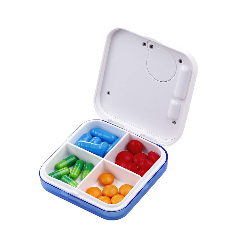 4-Compartment Travel Pill Organizer Box with 5 Alarm Timer - Digital Countdown Display & Daily Medication Reminder (Blue) | Perfect for Travel, Work, and Home Medication Management