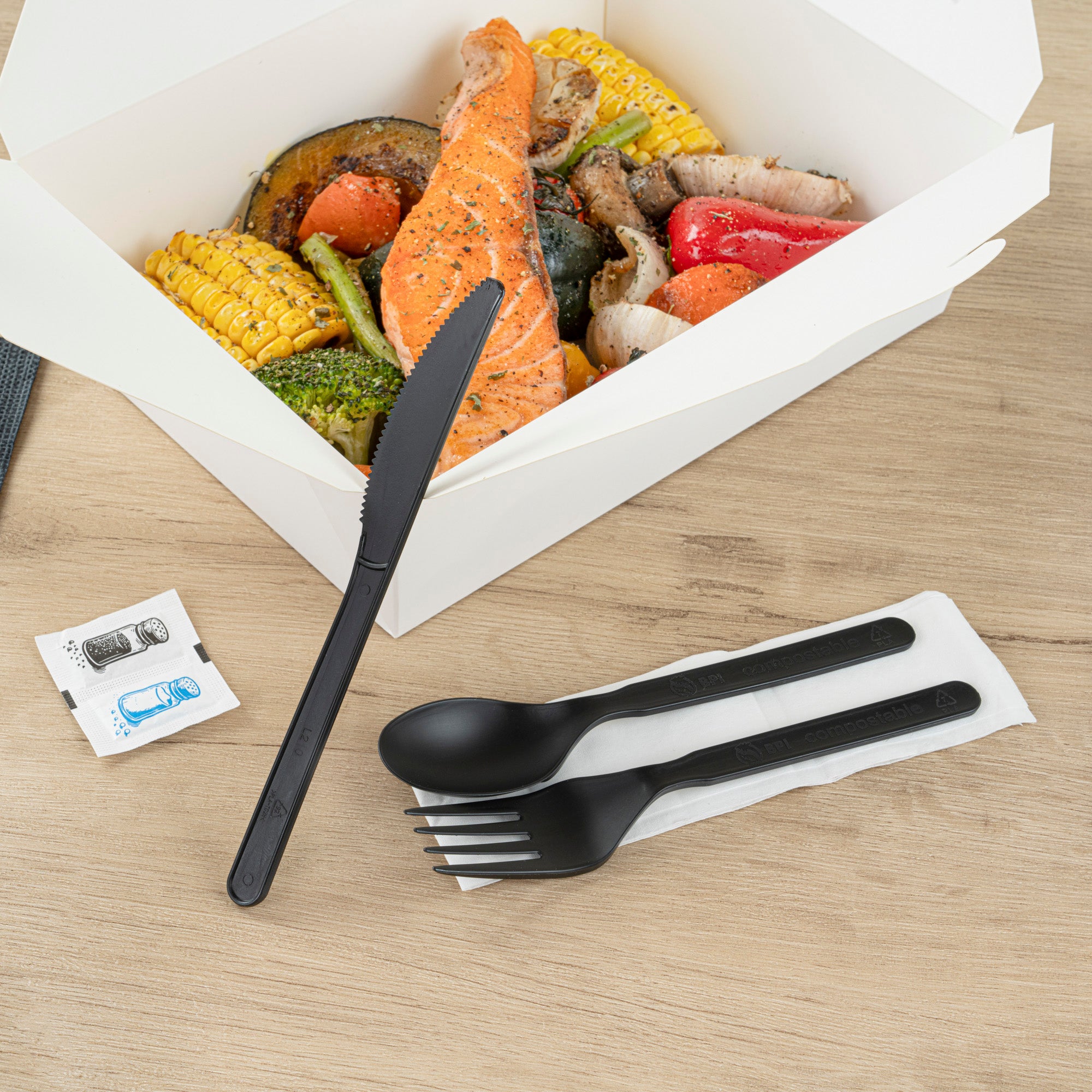 Eco-Friendly Black PLA Plastic Cutlery Set with Napkins & Salt/Pepper Packets - 500 Count Compostable Cutlery Kit (6.25