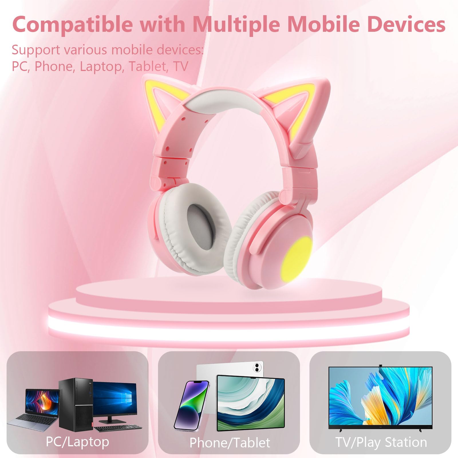 Wireless Cat Ear Headphones with LED Lights - Foldable Over-Ear Bluetooth Headset with Built-in Mic for Adults & Kids, Compatible with iPhone/Android/PC/Tablet/TV (Pink) - Perfect for Gaming, Music, Online Classes & Cosplay