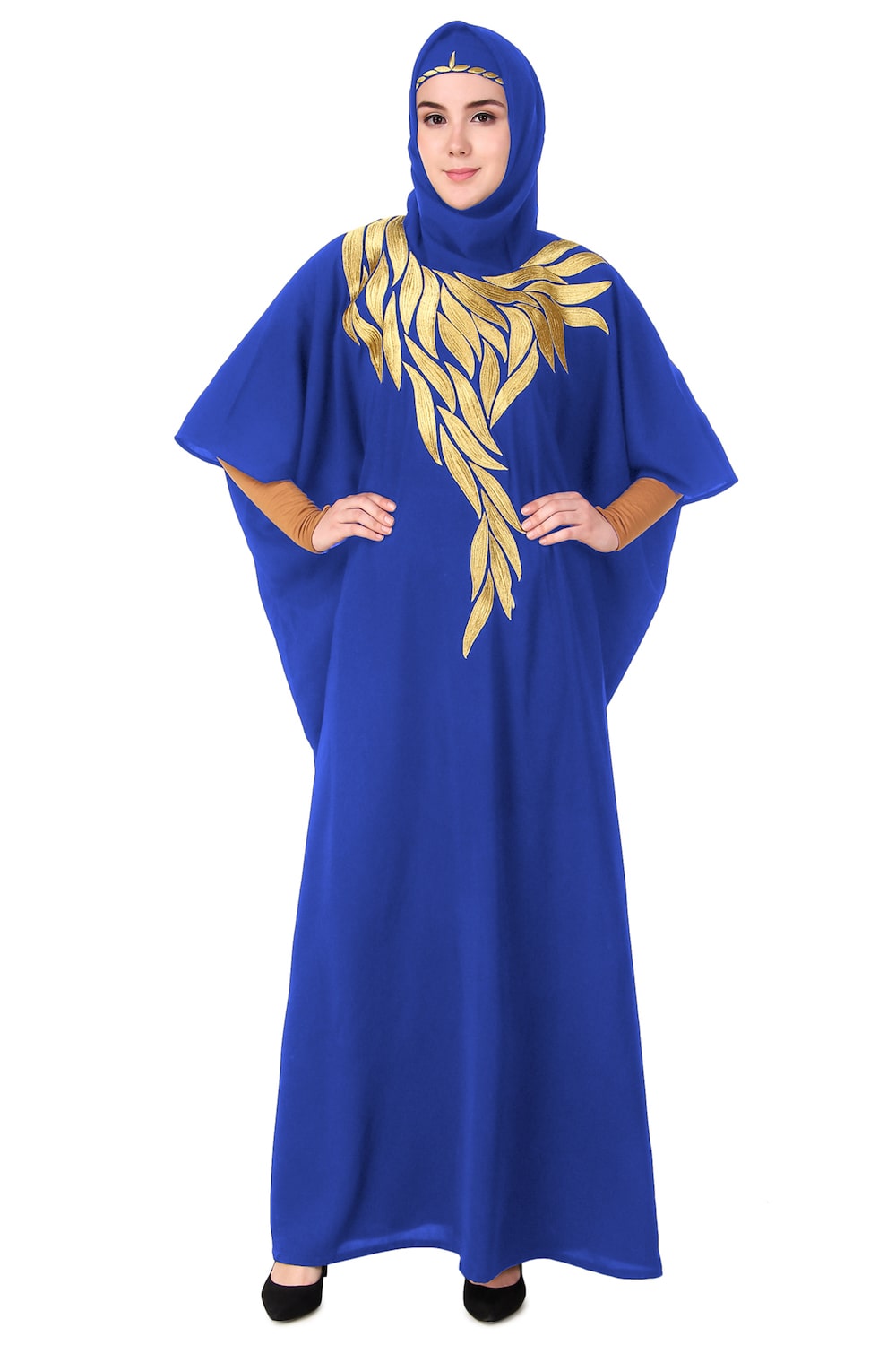 Handmade Gold Embroidered Multi-Leaf Design Kaftan Dress - Elegant Boho Chic Loungewear for Women, Perfect for Beach Cover-ups, Resort Wear & Summer Evenings