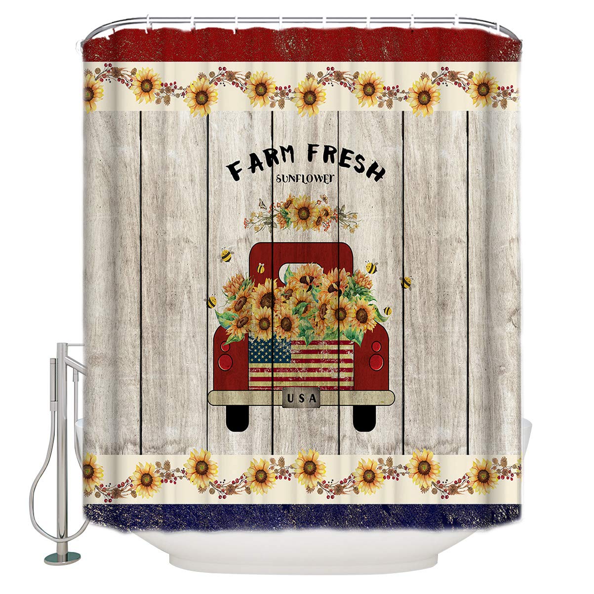 ALAGEO Waterproof Polyester Red Truck Shower Curtain - Vintage Farmhouse Decor with Sunflowers & USA Flag Design (60x72 Inches) for Bathroom, Bathtub, RV, and Farmhouse Style Homes