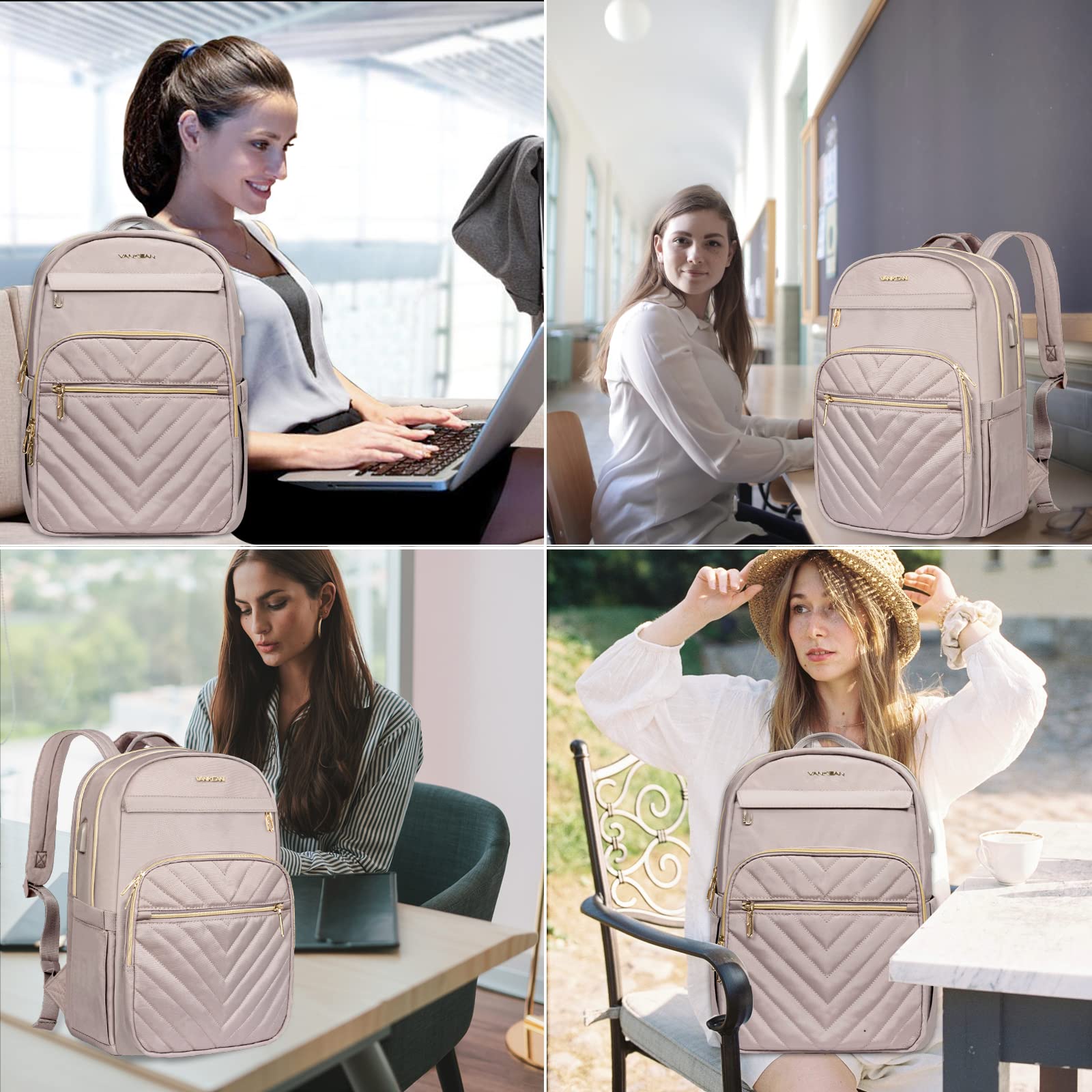 VANKEAN 15.6 Inch Laptop Backpack for Women - USB Charging Port, Waterproof Travel Bag, Stylish Work Backpack for College & Business (Light Dusty Pink) - Perfect for Commuting, Office Work & School Use