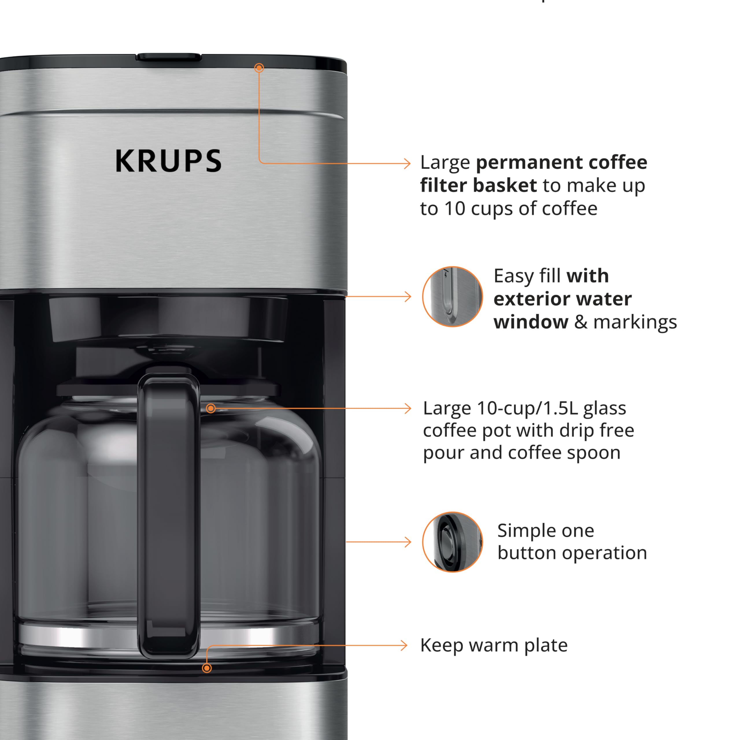 KRUPS 10-Cup Programmable Silver Drip Coffee Maker - Fast Brewing for Home, Office & Restaurants | Perfect for Morning Coffee & Entertaining Guests