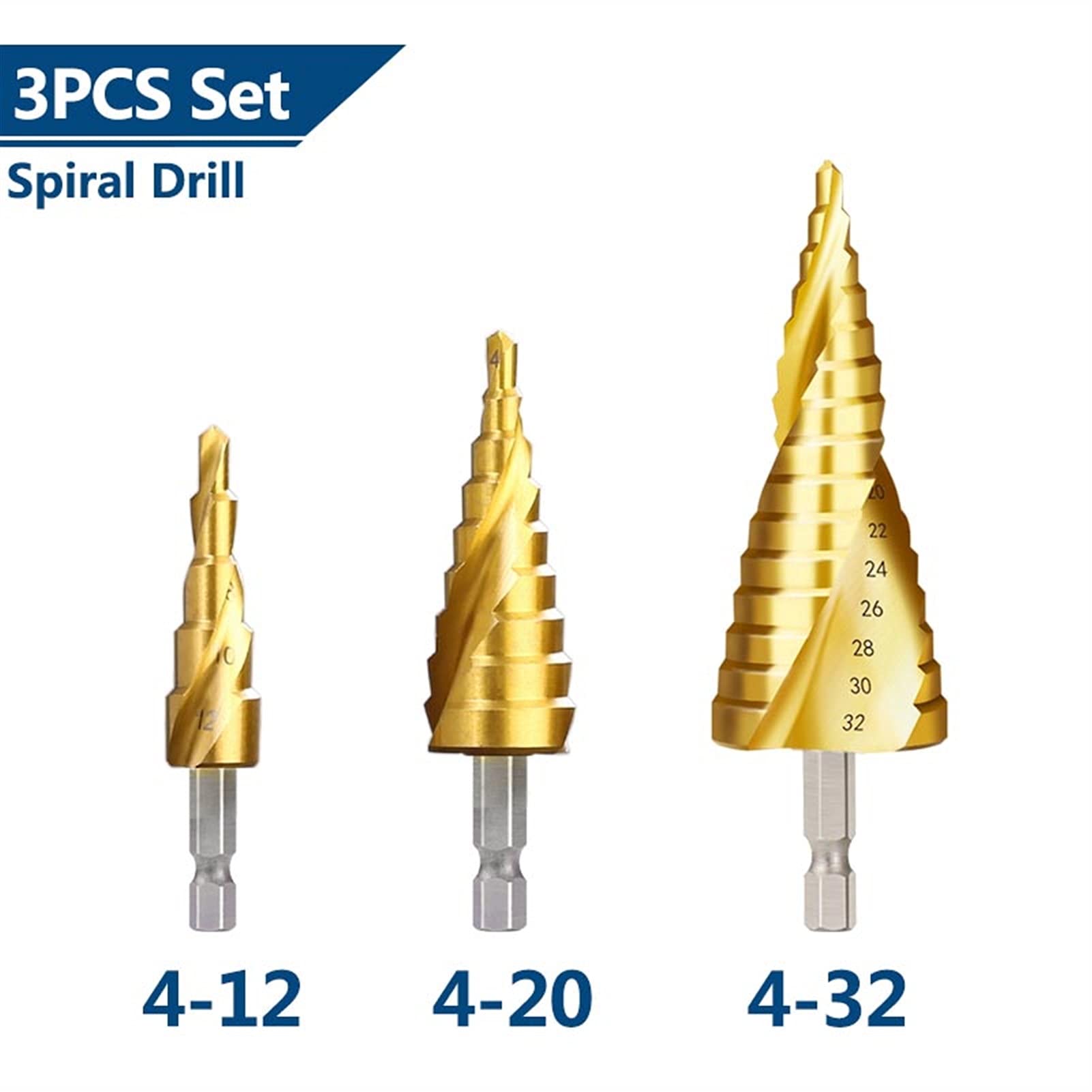 4-32mm Titanium Coated HSS Step Drill Bit Set - Pagoda Shape, Triangle Shank Hole Cutter for Metal, Wood & Plastic - Power Tool Accessories (3pcs Spiral Drill Bits) - Perfect for DIY Projects, Home Repairs & Professional Metalworking