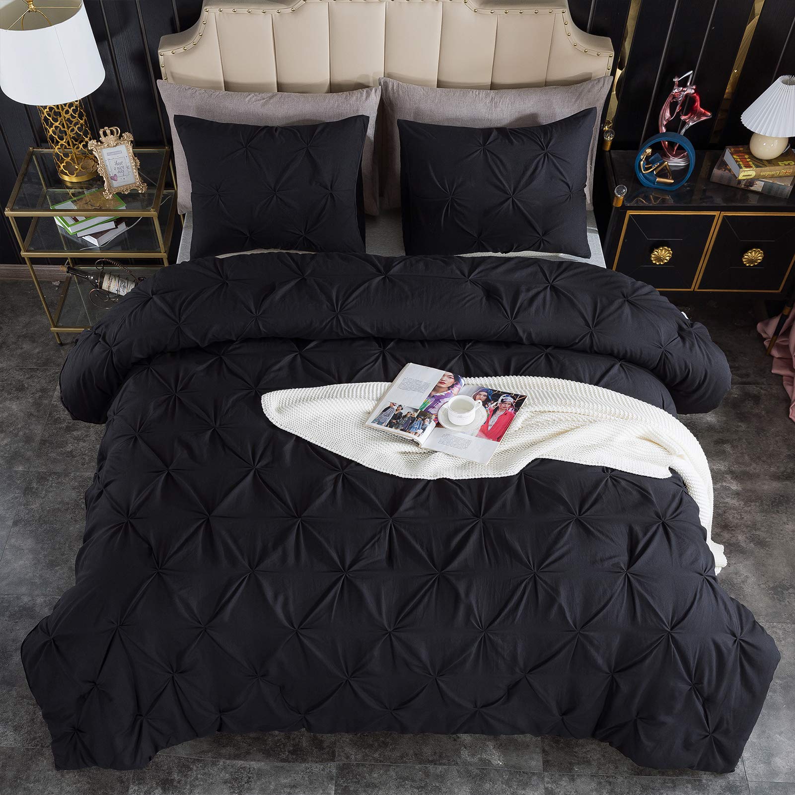 Premium Andency Black Pinch Pleat Comforter Set - Twin Size 66x90 Inches, 2-Piece Microfiber All-Season Down Alternative Bedding (1 Pintuck Comforter + 1 Pillowcase) - Soft & Breathable for Year-Round Comfort - Perfect for Guest Rooms, Dorms & Cozy Bedrooms