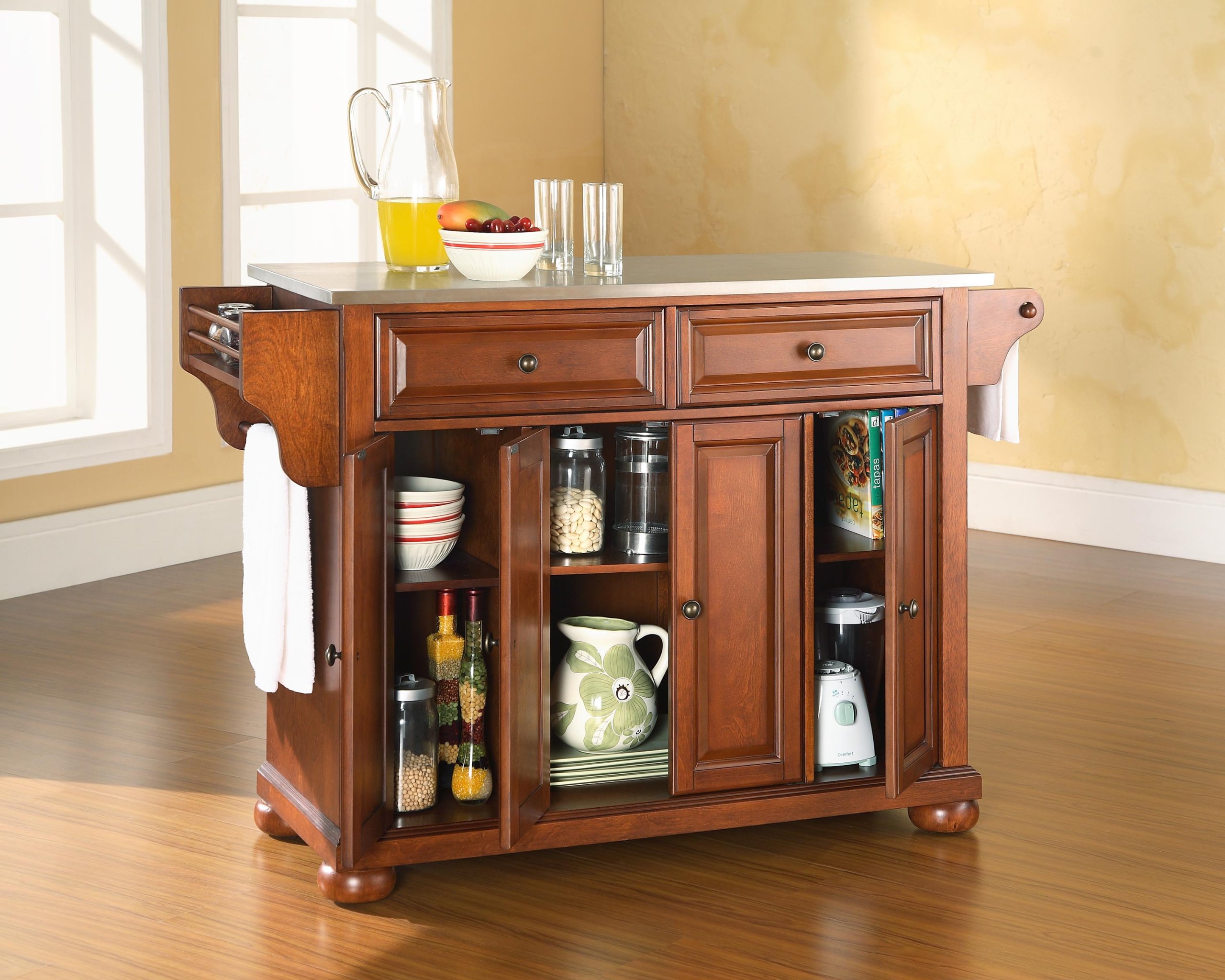 Crosley Alexandria Stainless Steel Rolling Kitchen Island Cart with Storage & Spice Rack - Cherry Finish for Modern Kitchens, Small Spaces & Entertaining