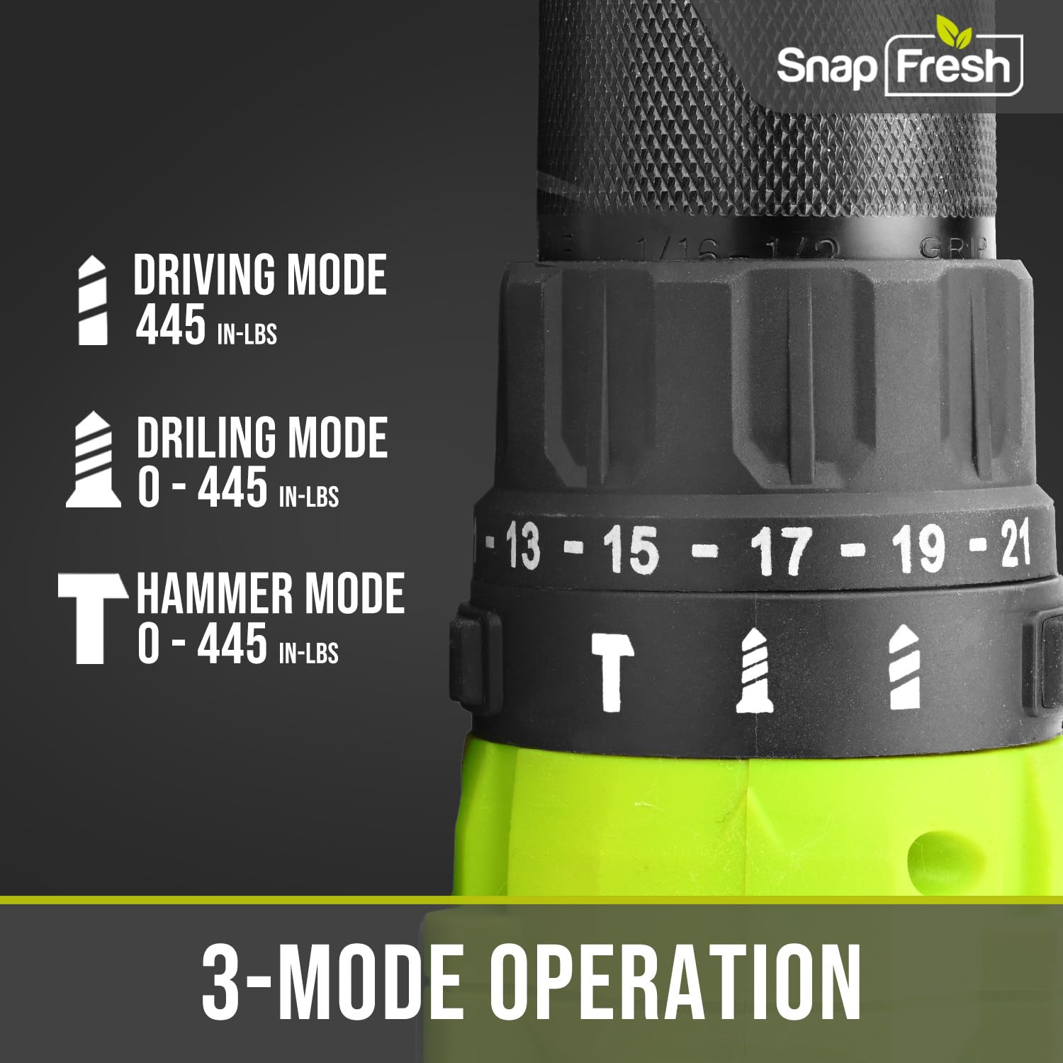 SnapFresh 20V Cordless Impact Drill Driver Kit - 1/2 Inch Chuck, 445 in-lbs Max Torque, 2-Speed Power Tool with 43-Piece Bit Set, 2.0Ah Battery & Fast Charger Included - Perfect for DIY Projects, Home Repairs and Professional Construction Work