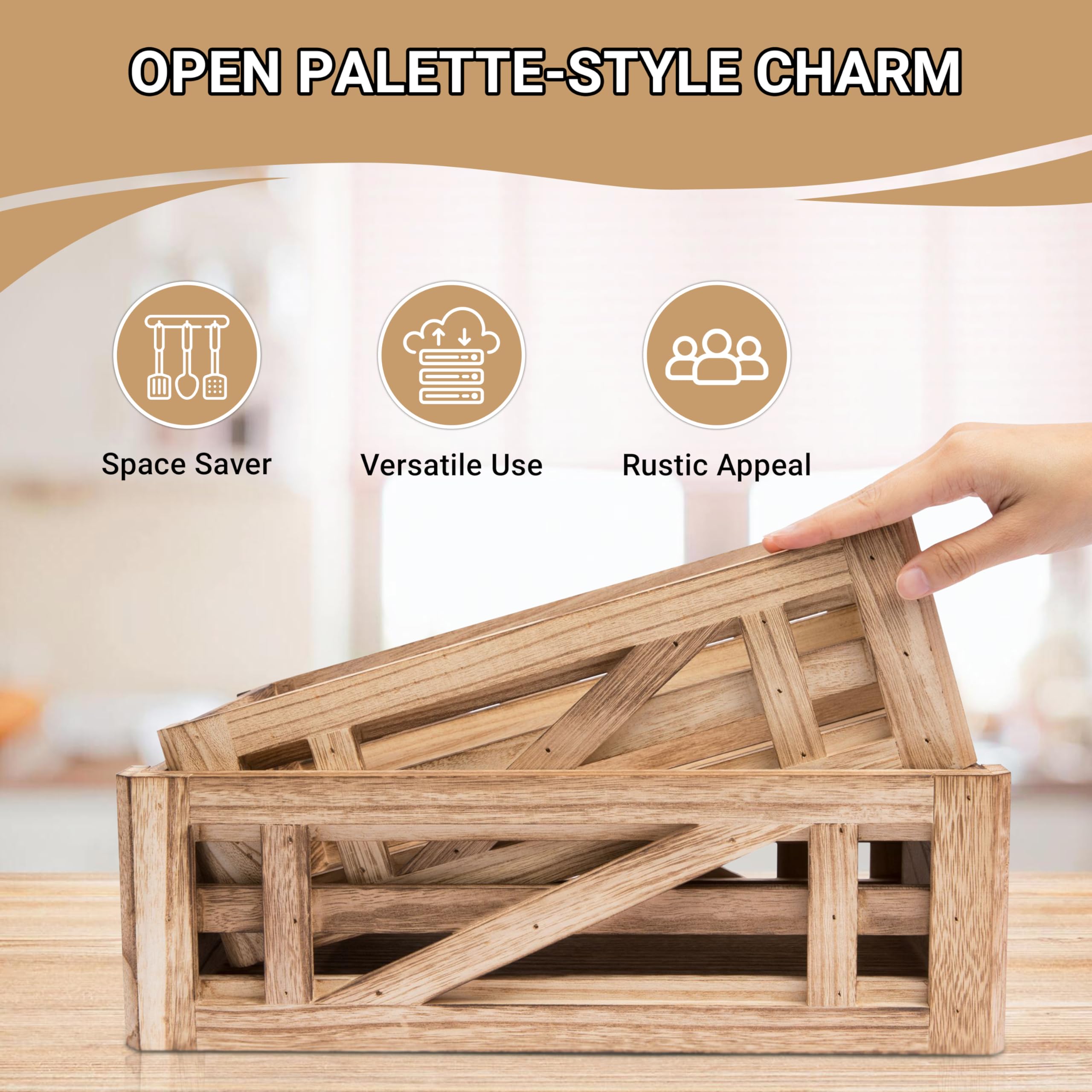 Rustic Wooden Crate for Kitchen Countertop Organization - Fruit & Vegetable Storage Basket Set with Versatile Display & Storage, Perfect as Fruit Holder, Snack Station, and Home Decor for Farmhouse Kitchens