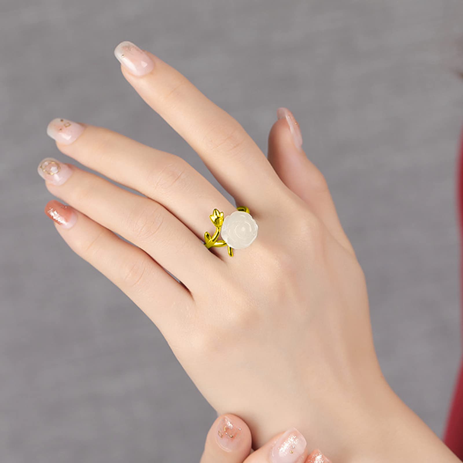 925 Sterling Silver Adjustable Open Wrap Rose Ring for Women - Gold Plated Rose Flower with Jade Gemstone, Vintage Handmade Jewelry Gift for Mom, Birthday, Anniversary & Special Occasions