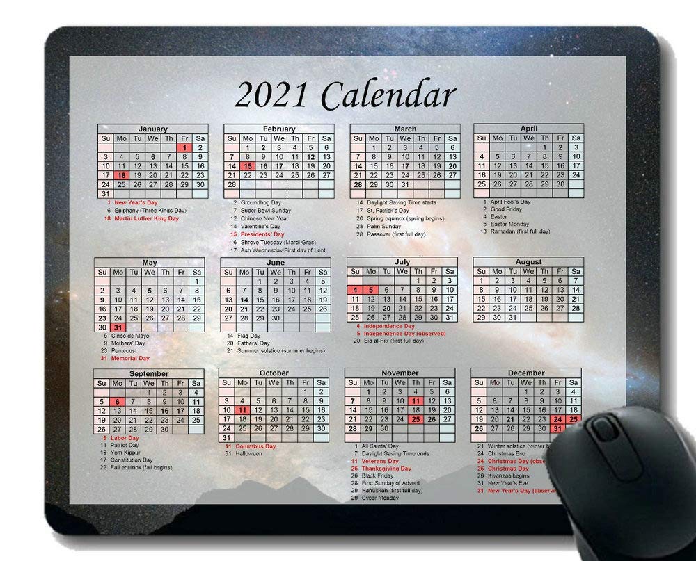 2021 Gaming Mouse Pad with Holiday Calendar & Saturn Equinox Design - Non-Slip Stitched Edge Space Cosmos Universe Mouse Mat for PC, Laptop, Office & Gaming Setup